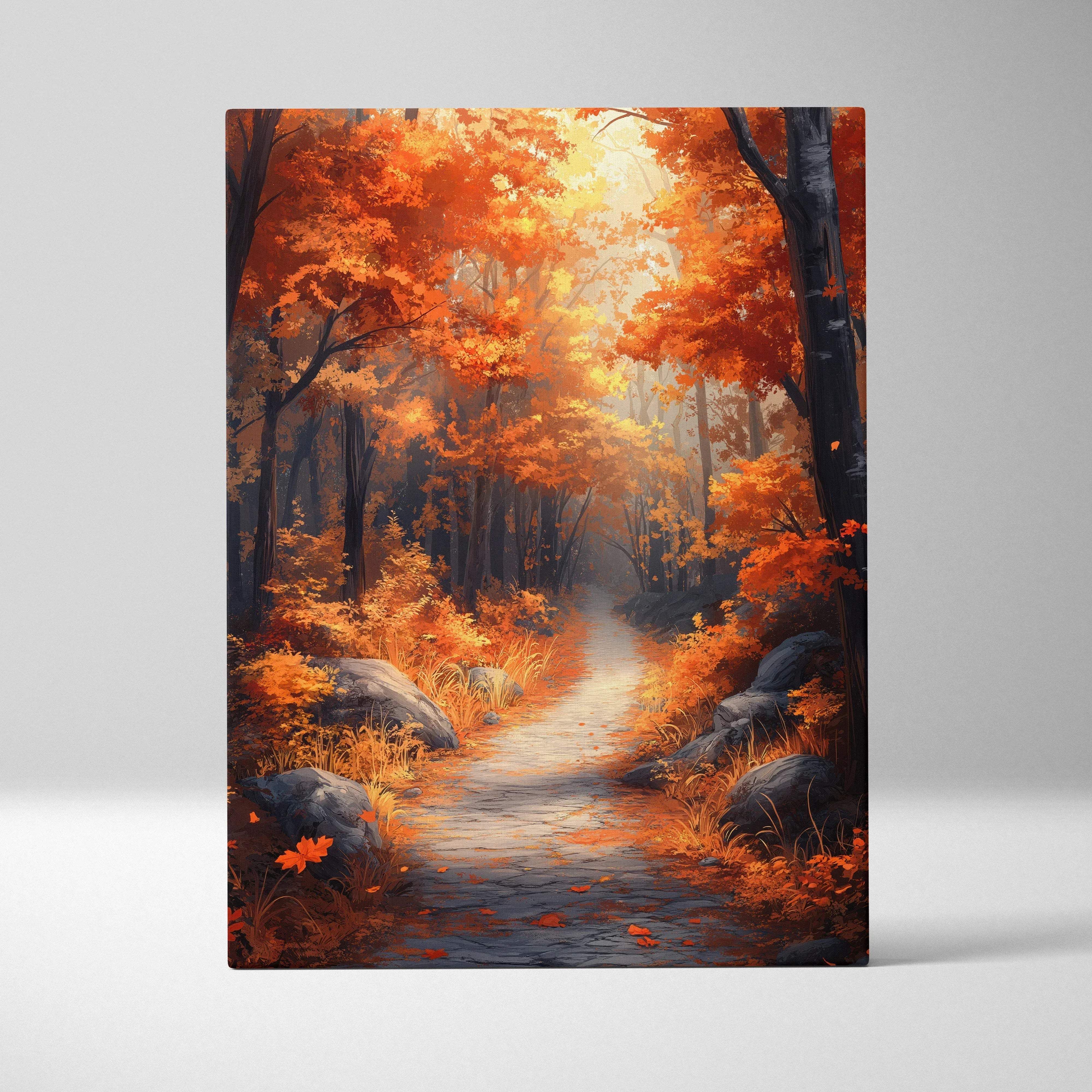 Rectangular canvas print of a romantic autumn forest path with vibrant orange and red foliage for cozy home decor