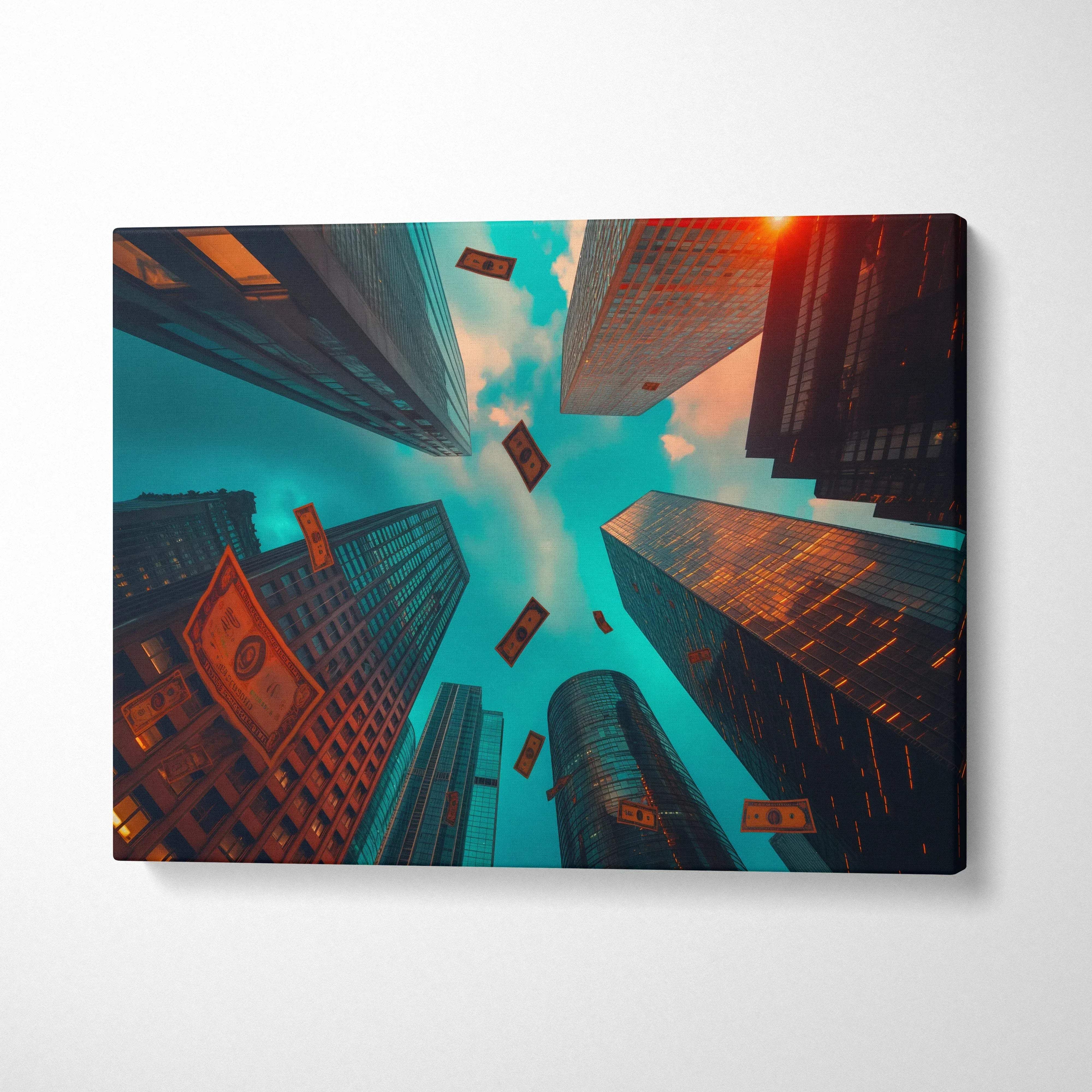 Canvas wall art featuring a vibrant cityscape with upward view of tall buildings and bright sky.