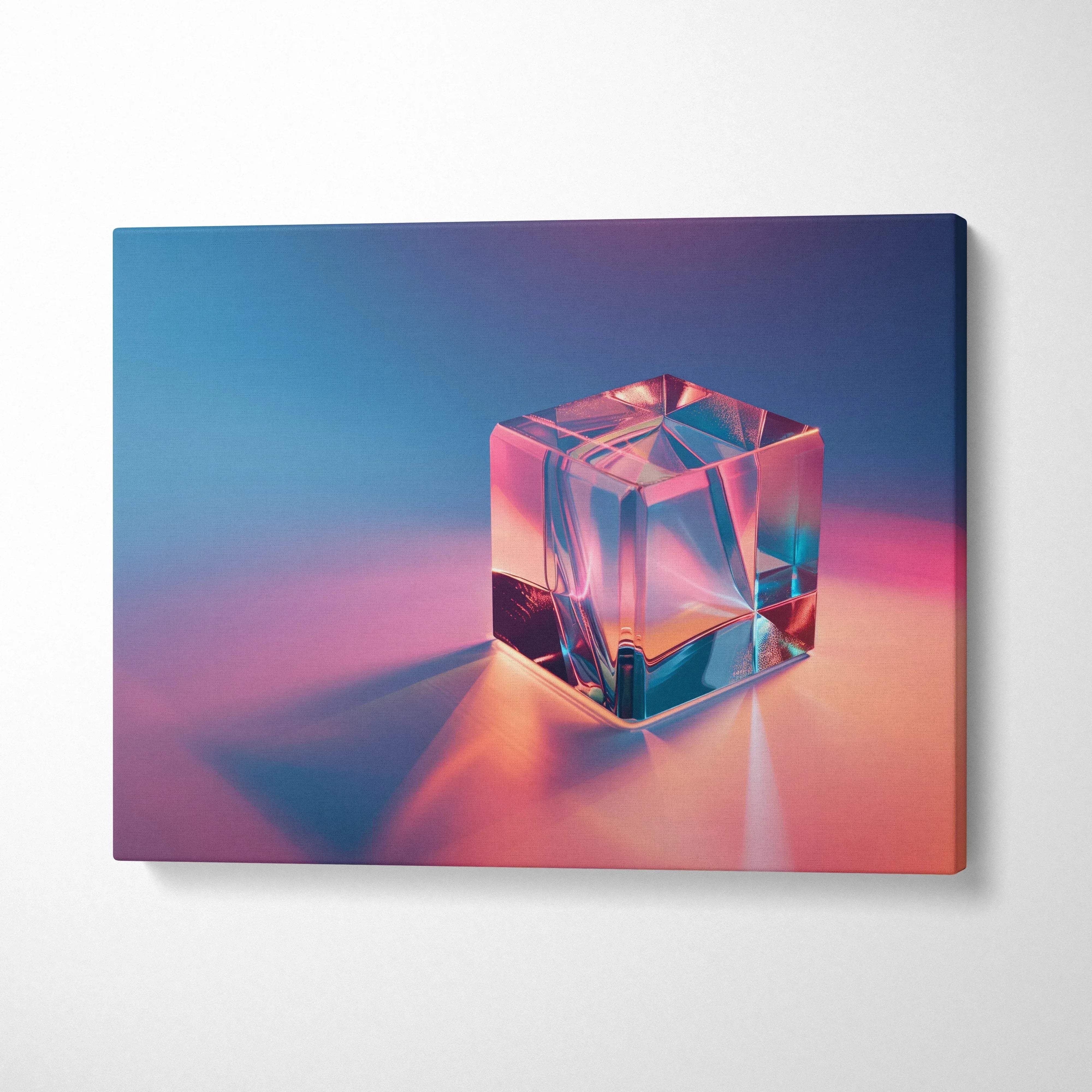 Modern abstract digital art canvas print featuring a transparent cube with blue and pink lighting on canvas wall art.