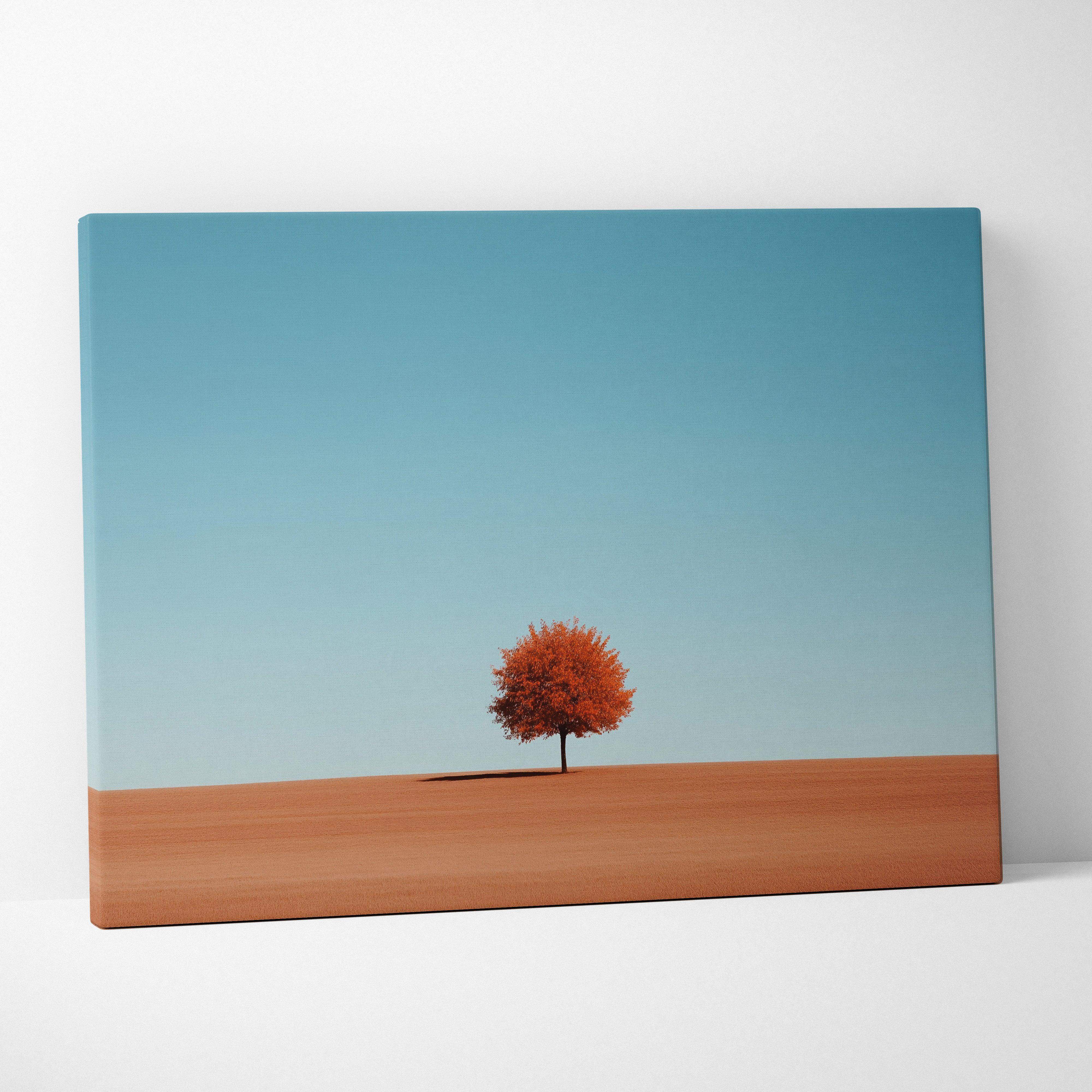 Minimalist autumn landscape canvas wall art featuring a lone tree with vibrant orange leaves under a blue sky