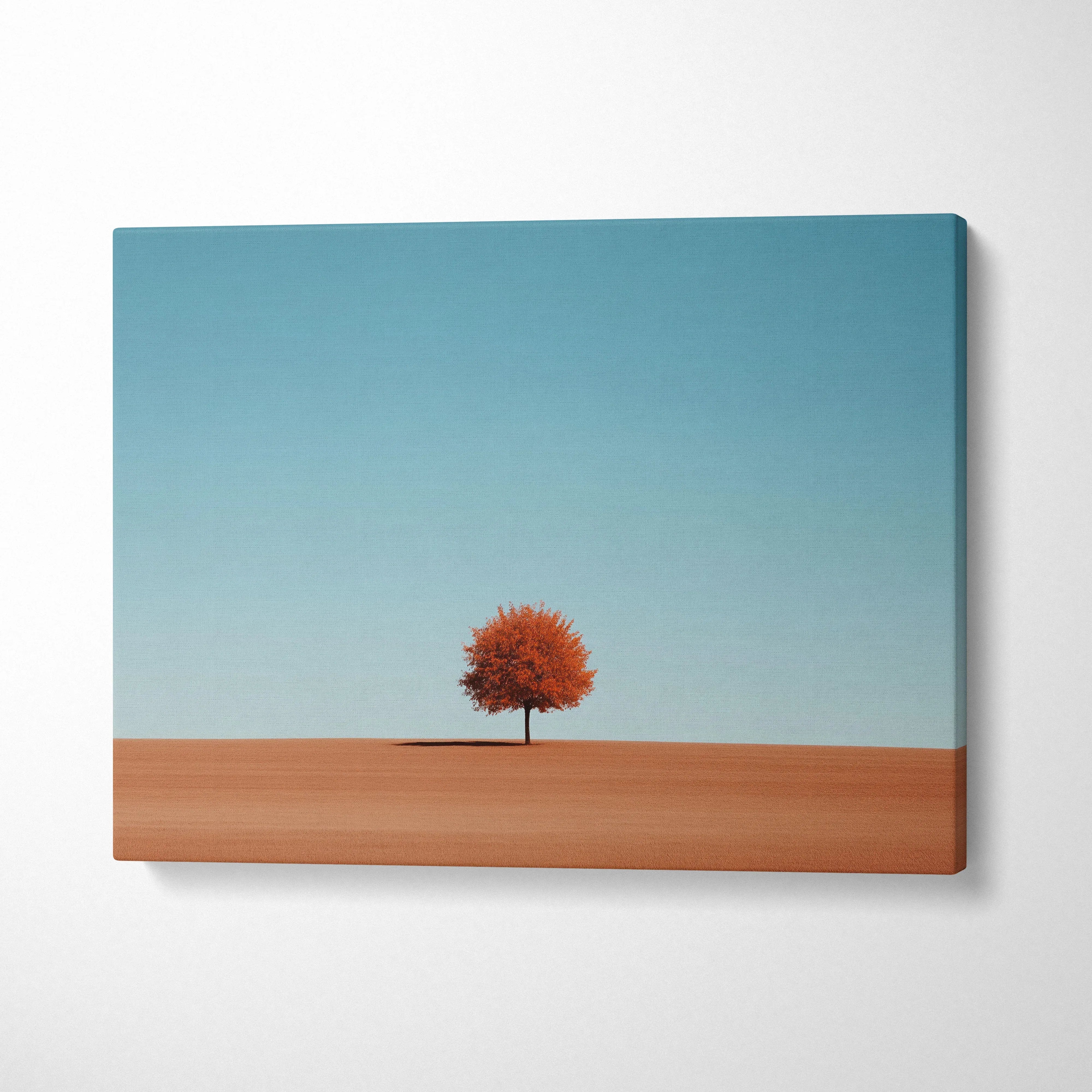 Minimalist canvas art featuring a solitary orange tree against a clear blue sky, autumn wall art.