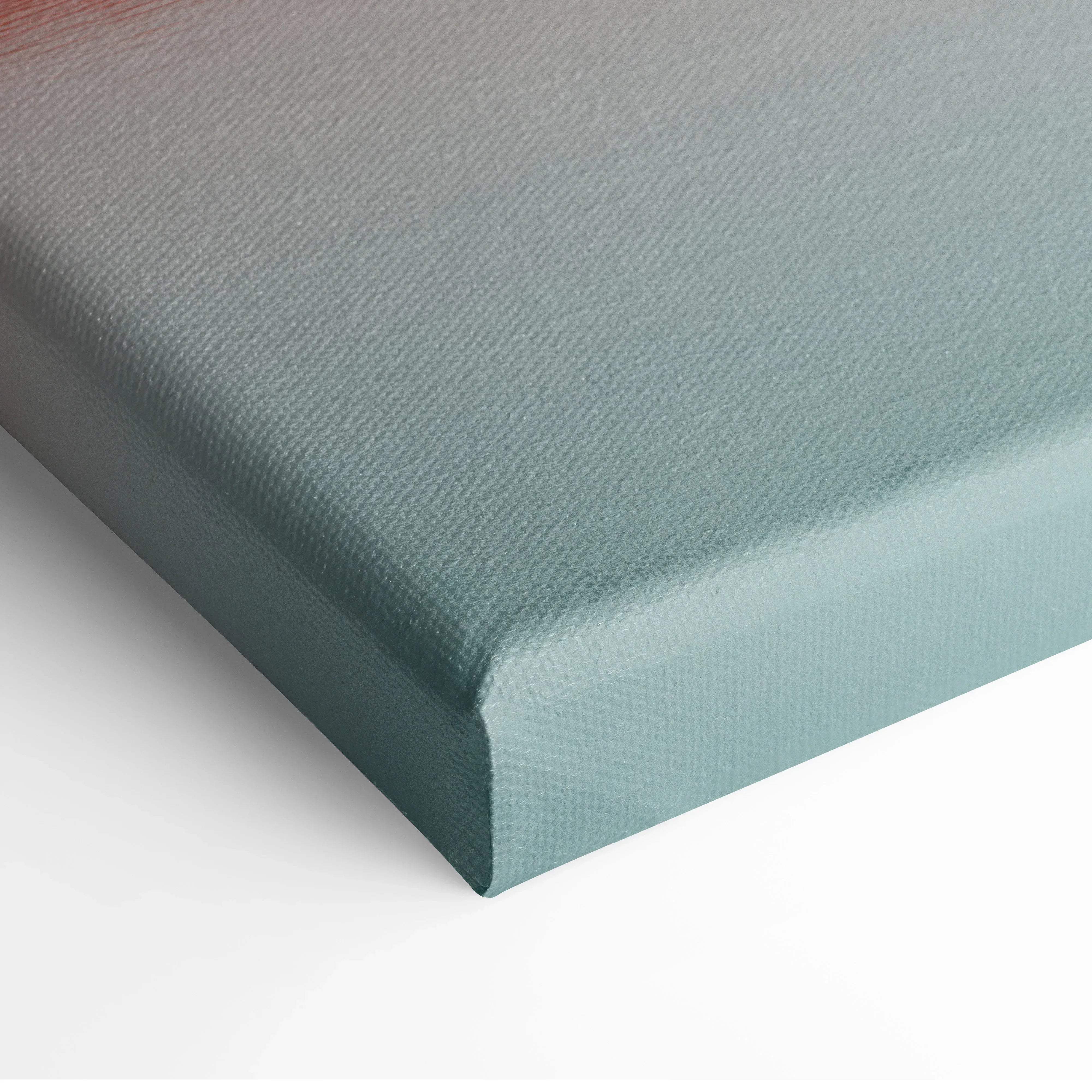 Teal canvas print with subtle gradient and textured surface featuring a minimalist autumn landscape with calm lake and red boat