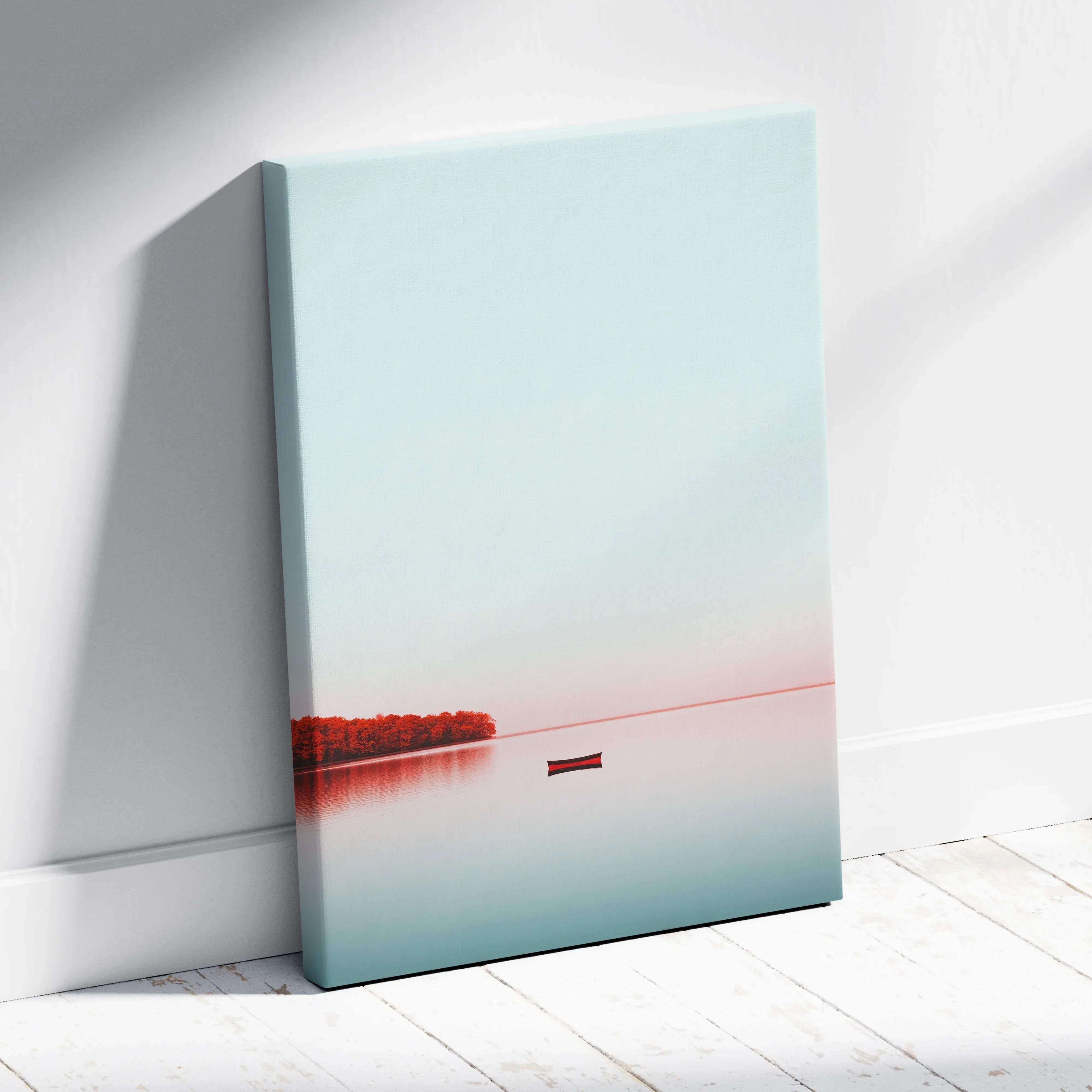 Minimalist canvas wall art featuring a serene autumn landscape with red trees and calm lake reflections in soft pastel tones