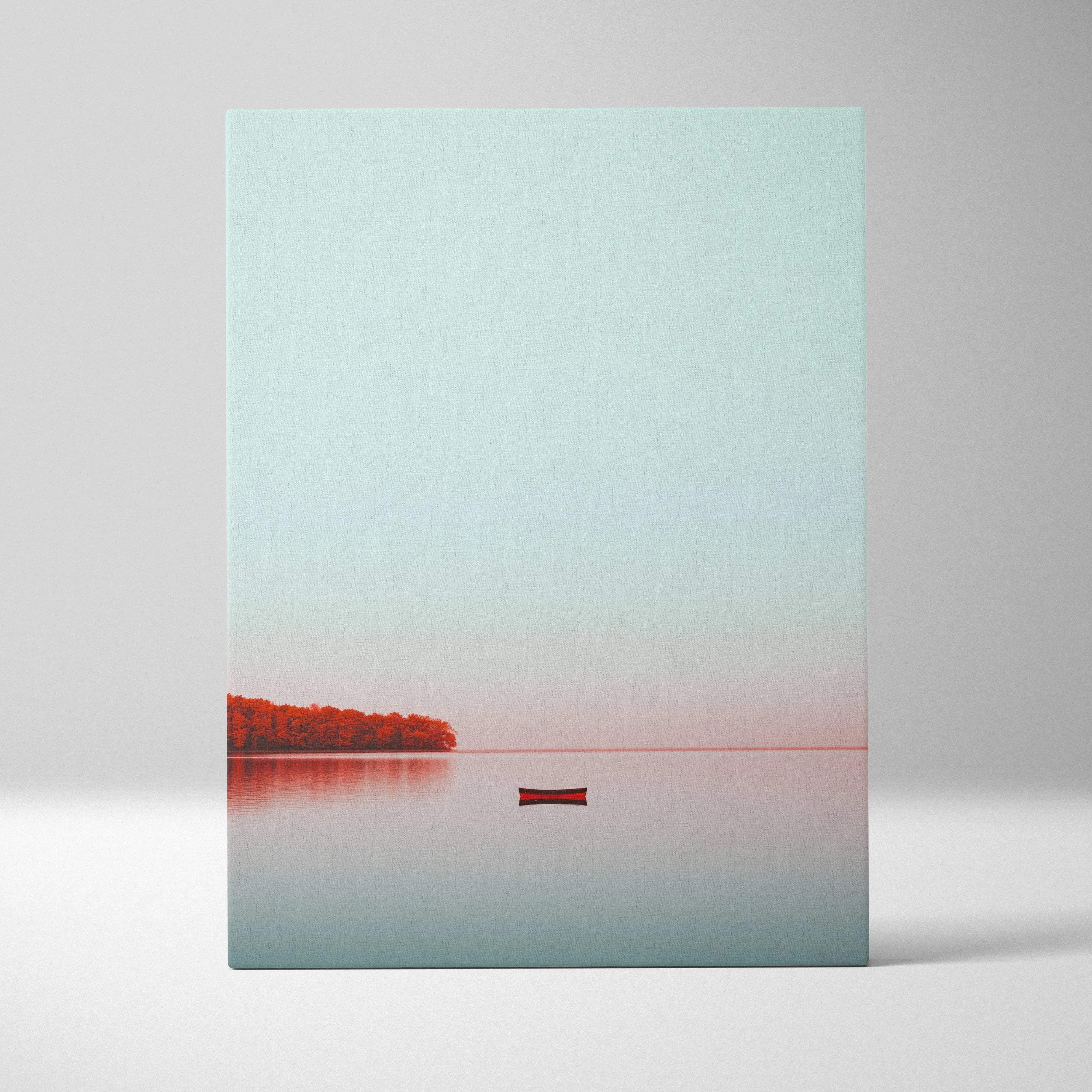 Canvas wall art minimalist autumn landscape featuring a calm lake with a red boat and soft blue green tones