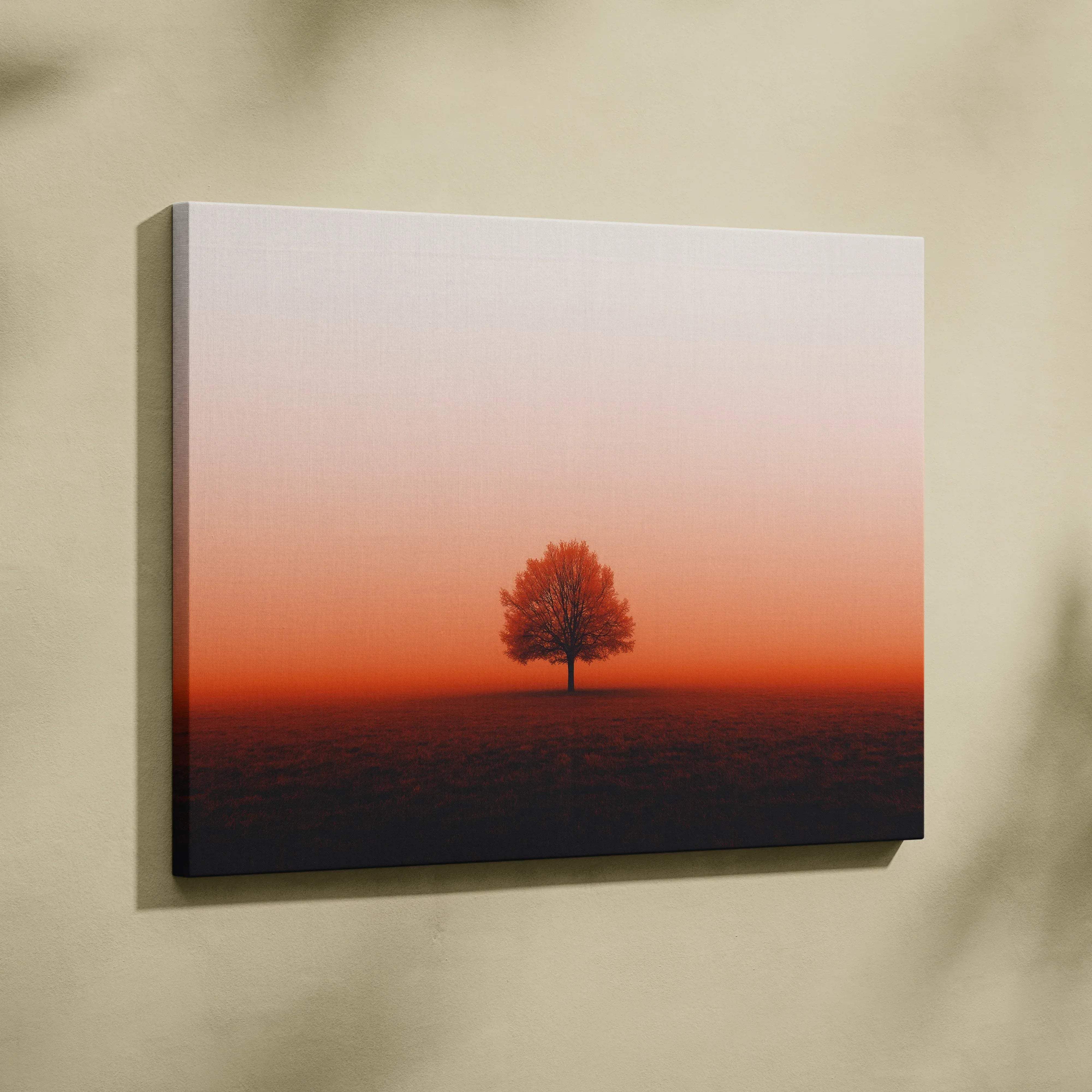 A canvas wall art featuring a solitary tree against a warm orange and red gradient sunset on stretched fabric