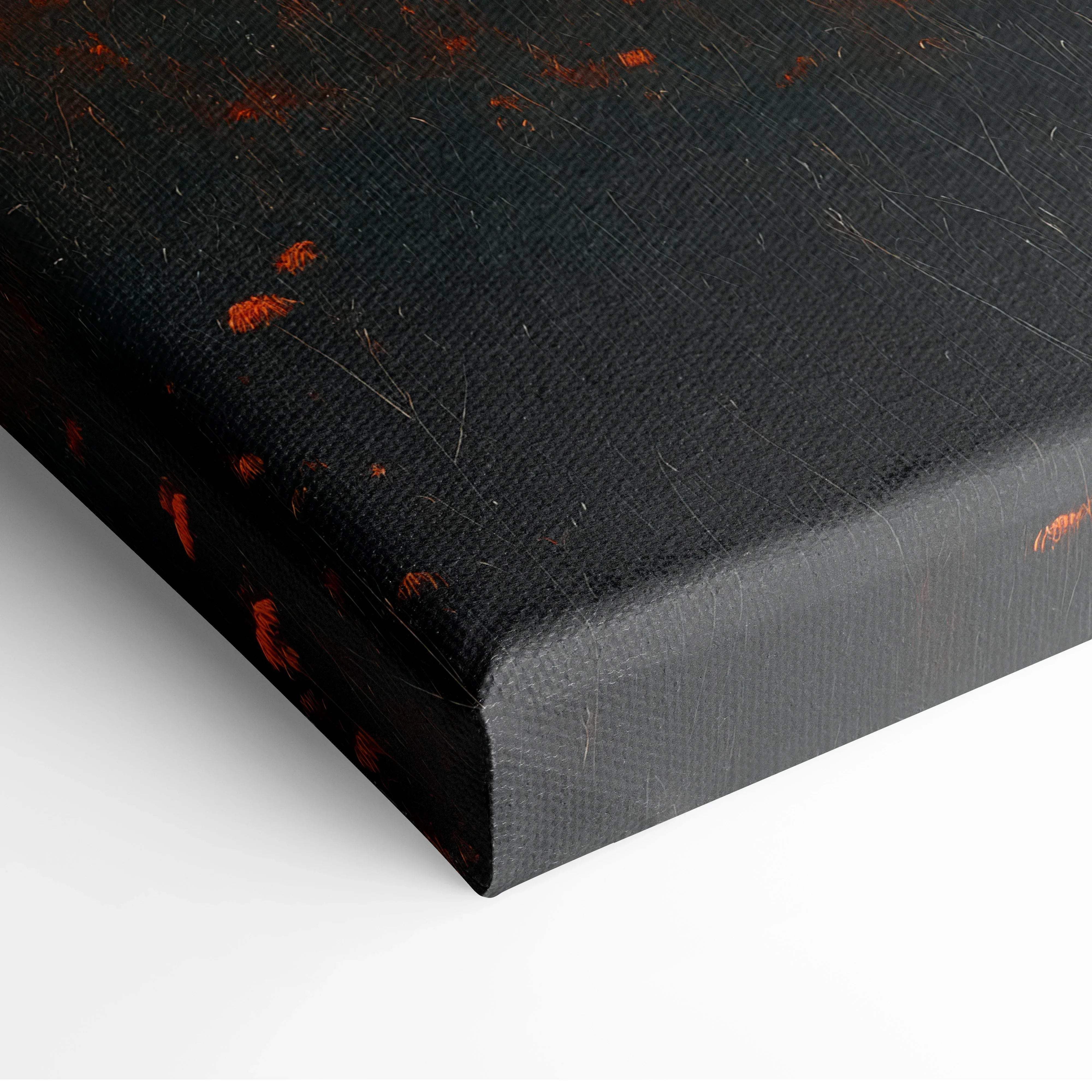 Black canvas print with textured surface and orange paint splatters for minimalist autumn tree wall art decor