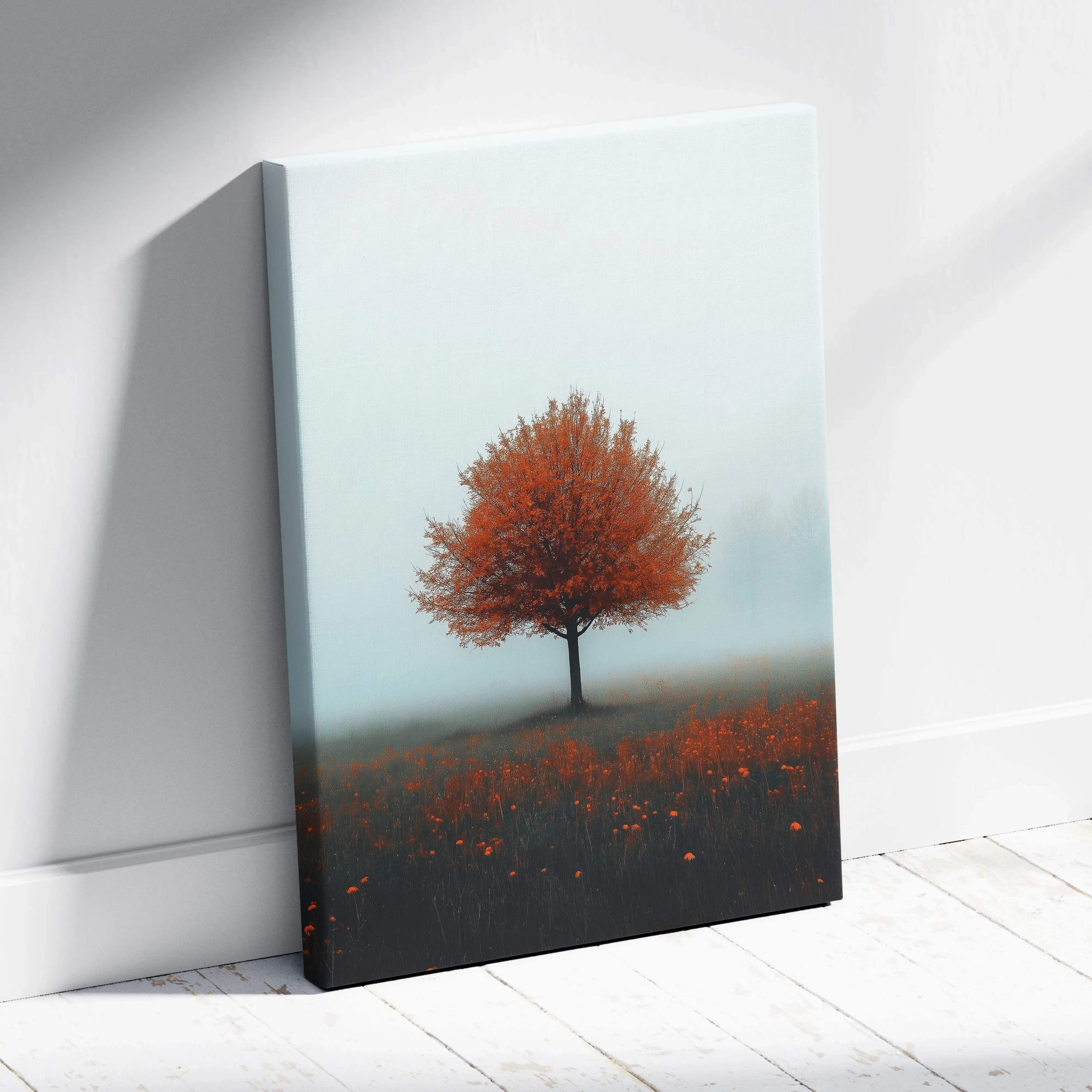 Canvas print of a minimalist autumn tree with vibrant orange foliage in misty red flower fields and soft sunrise glow