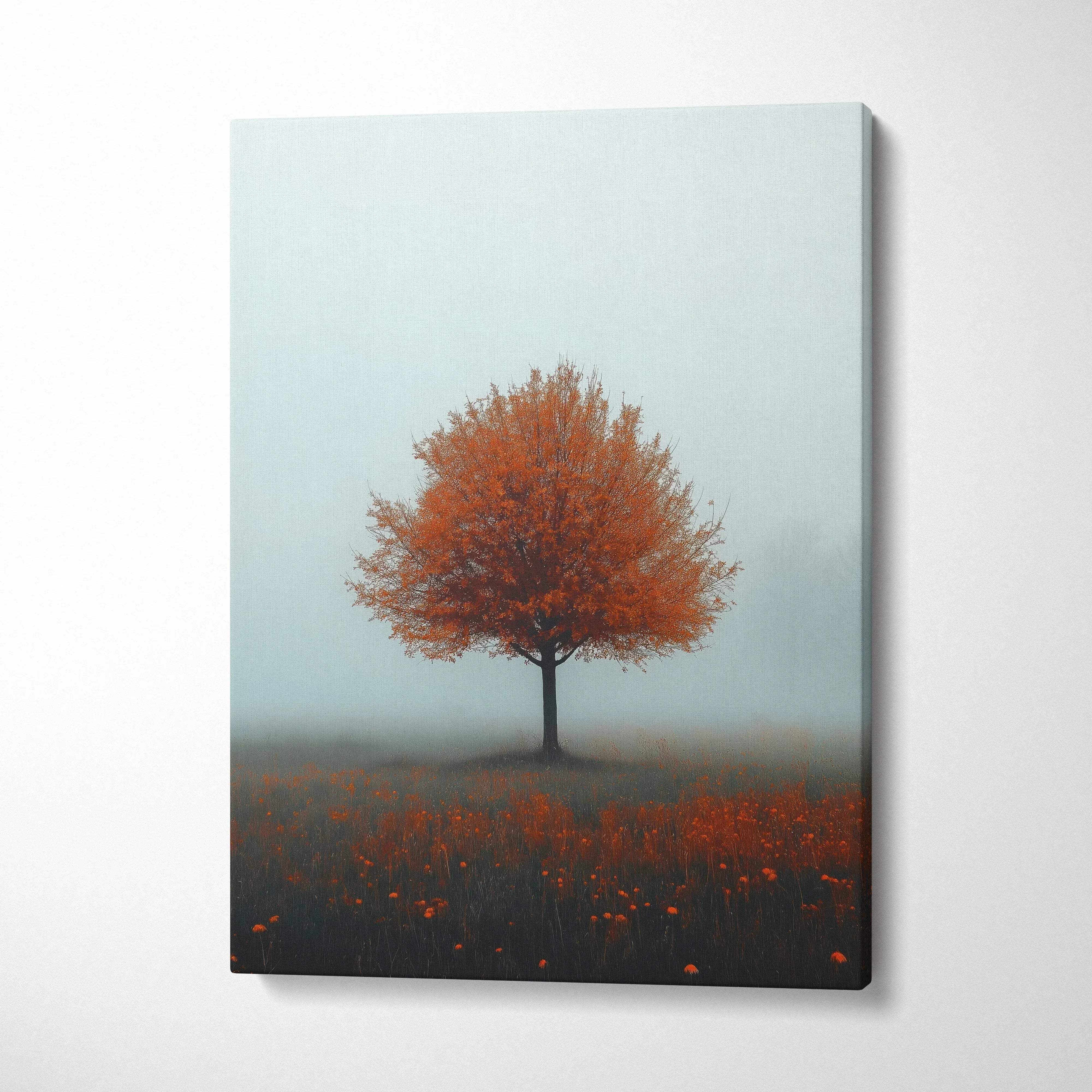 Minimalist canvas wall art featuring a solitary autumn tree with orange leaves against a foggy gray sky.