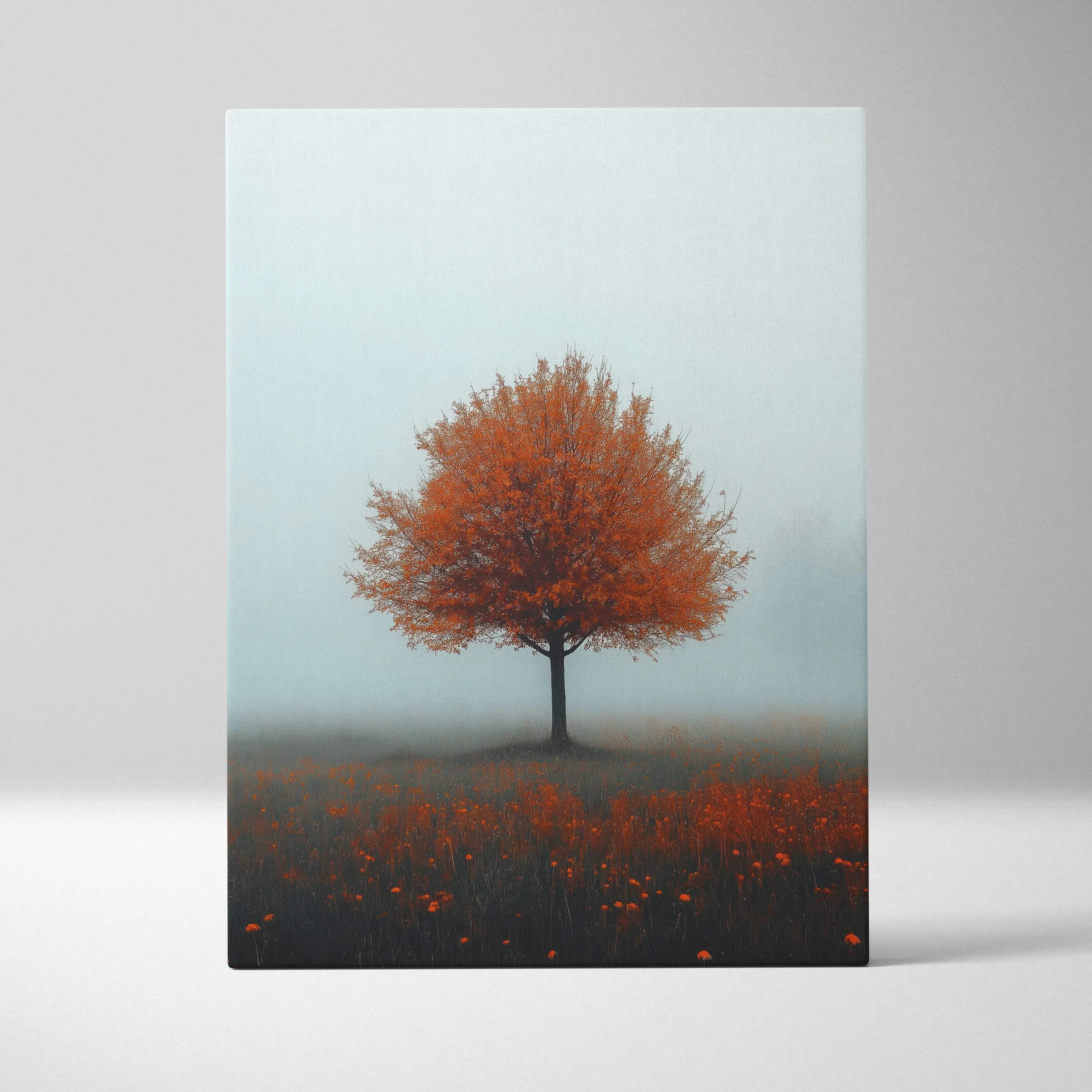 Canvas wall art print of a minimalist autumn tree with vibrant orange leaves in misty red flower fields at sunrise