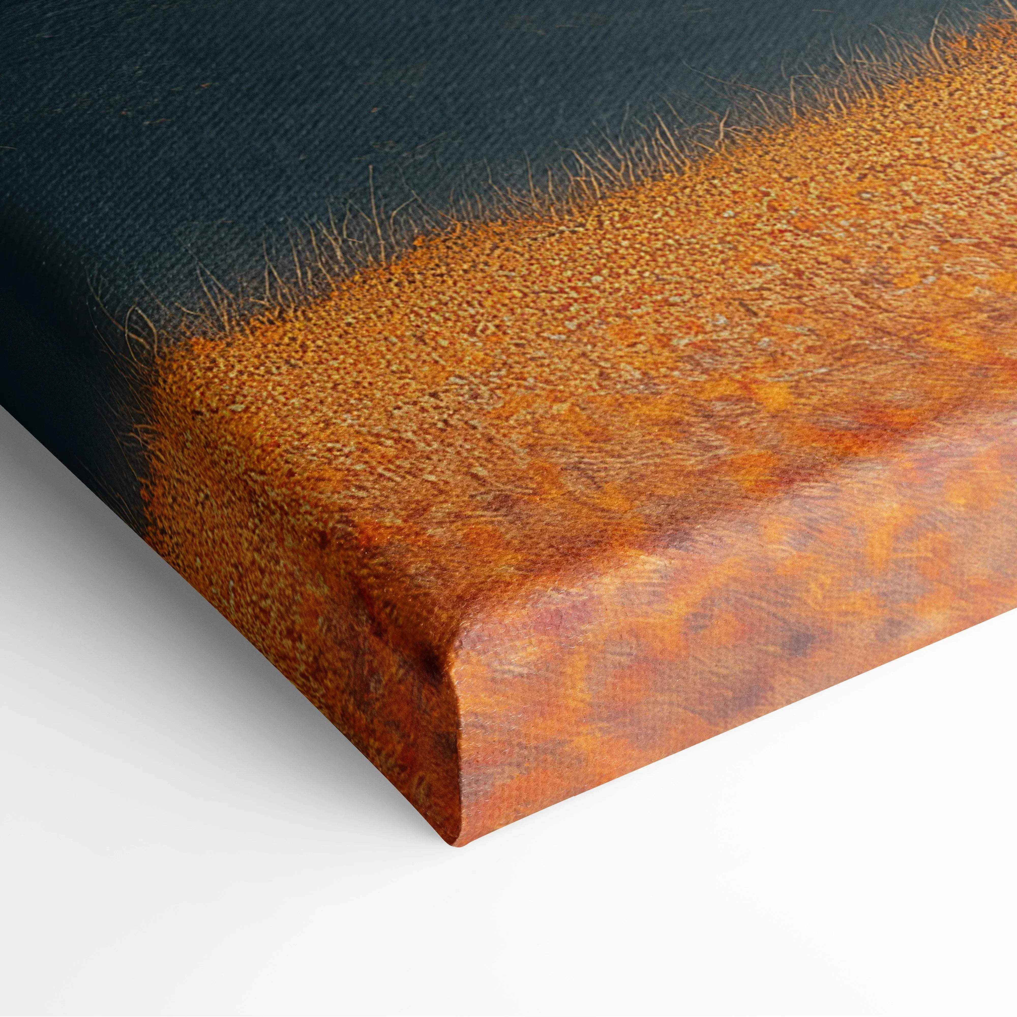 Minimalist autumn landscape canvas wall art featuring a textured rust-orange landscape and bright yellow house in misty blue fog