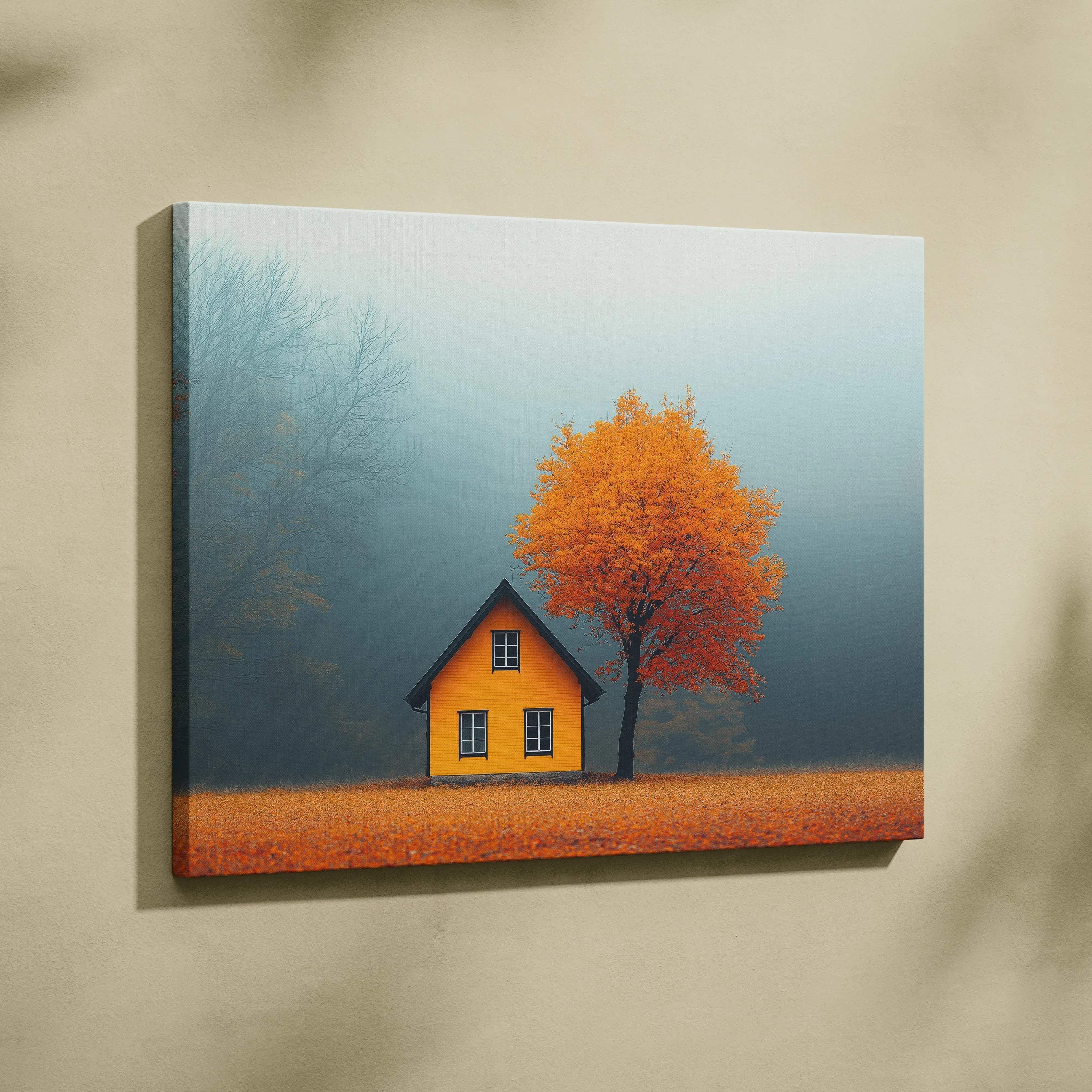 Minimalist autumn landscape canvas wall art featuring a vibrant yellow house beside an orange tree in misty blue fog