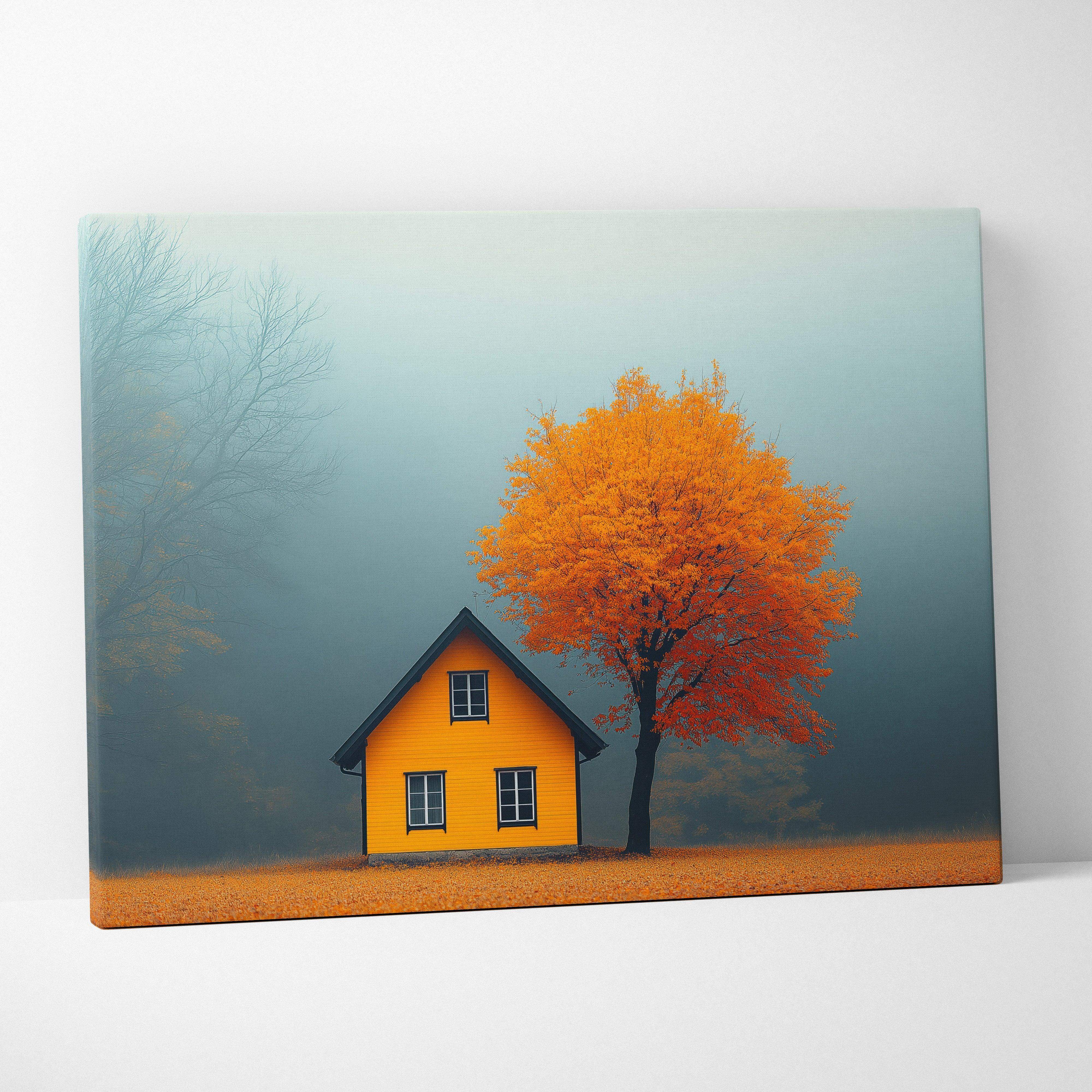 Minimalist autumn landscape canvas wall art with vibrant yellow house beside orange tree in misty blue fog background