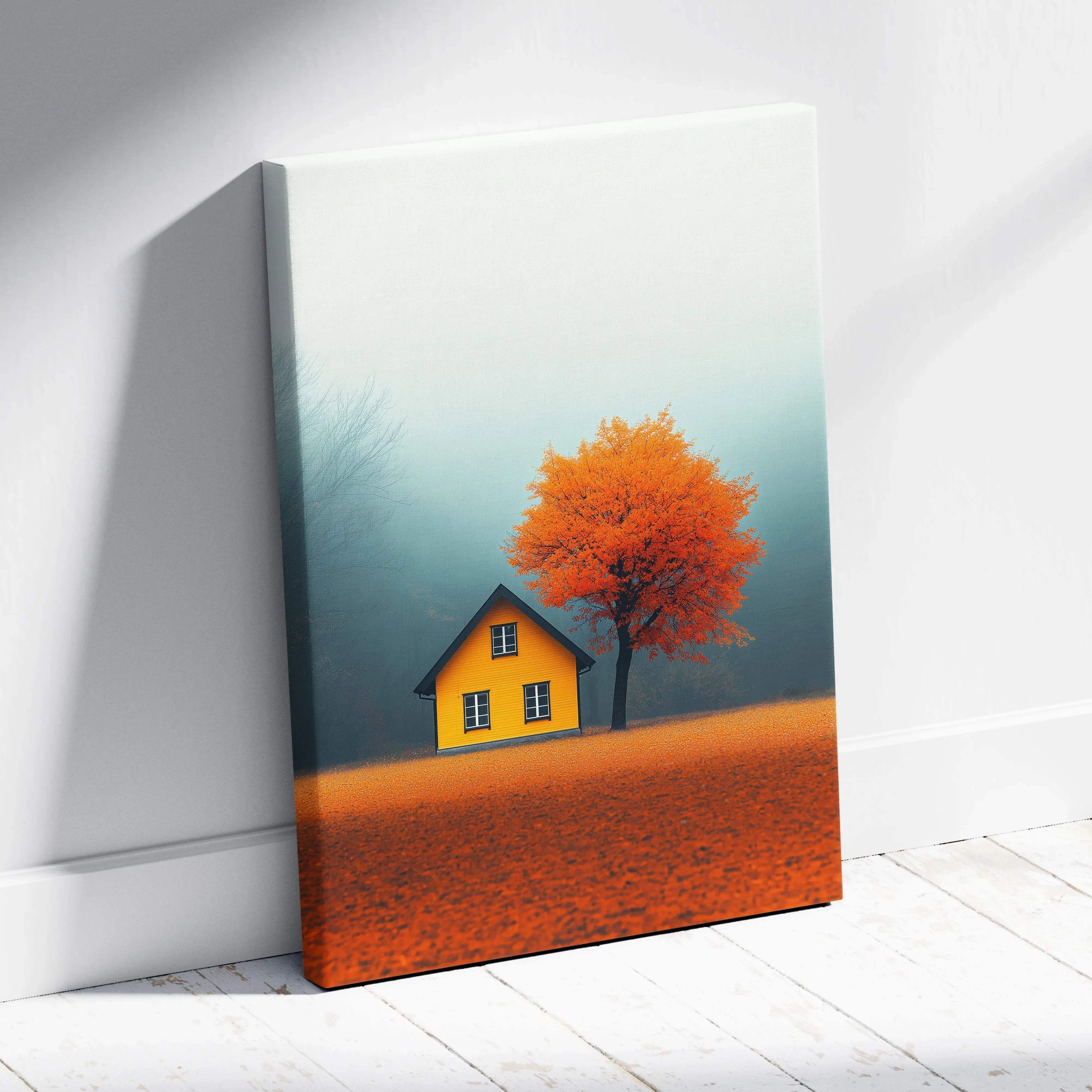 A vibrant canvas wall art featuring a bright yellow house with black trim and orange tree in a misty autumn field