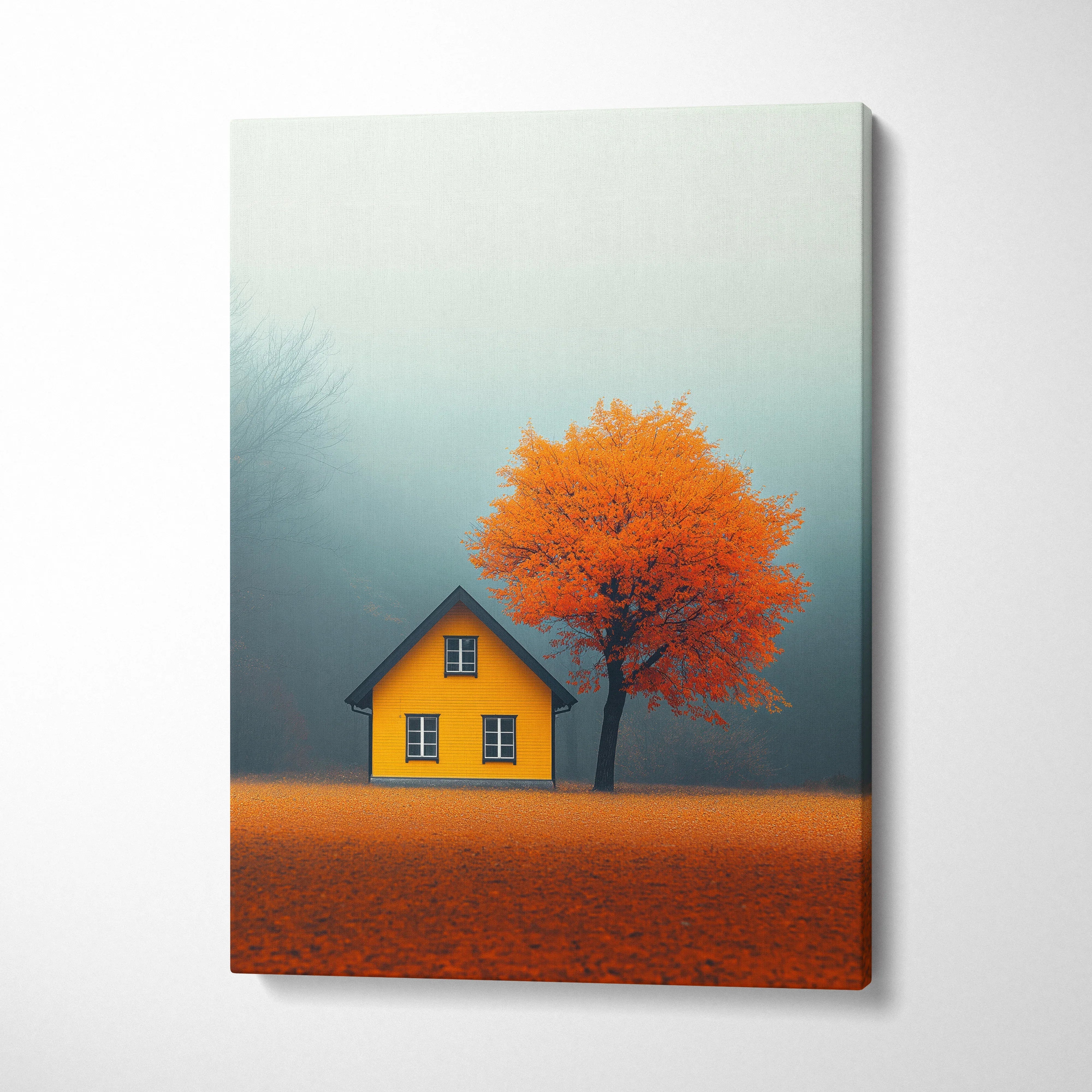 Minimalist autumn landscape canvas wall art with bright orange tree and yellow house on foggy background.