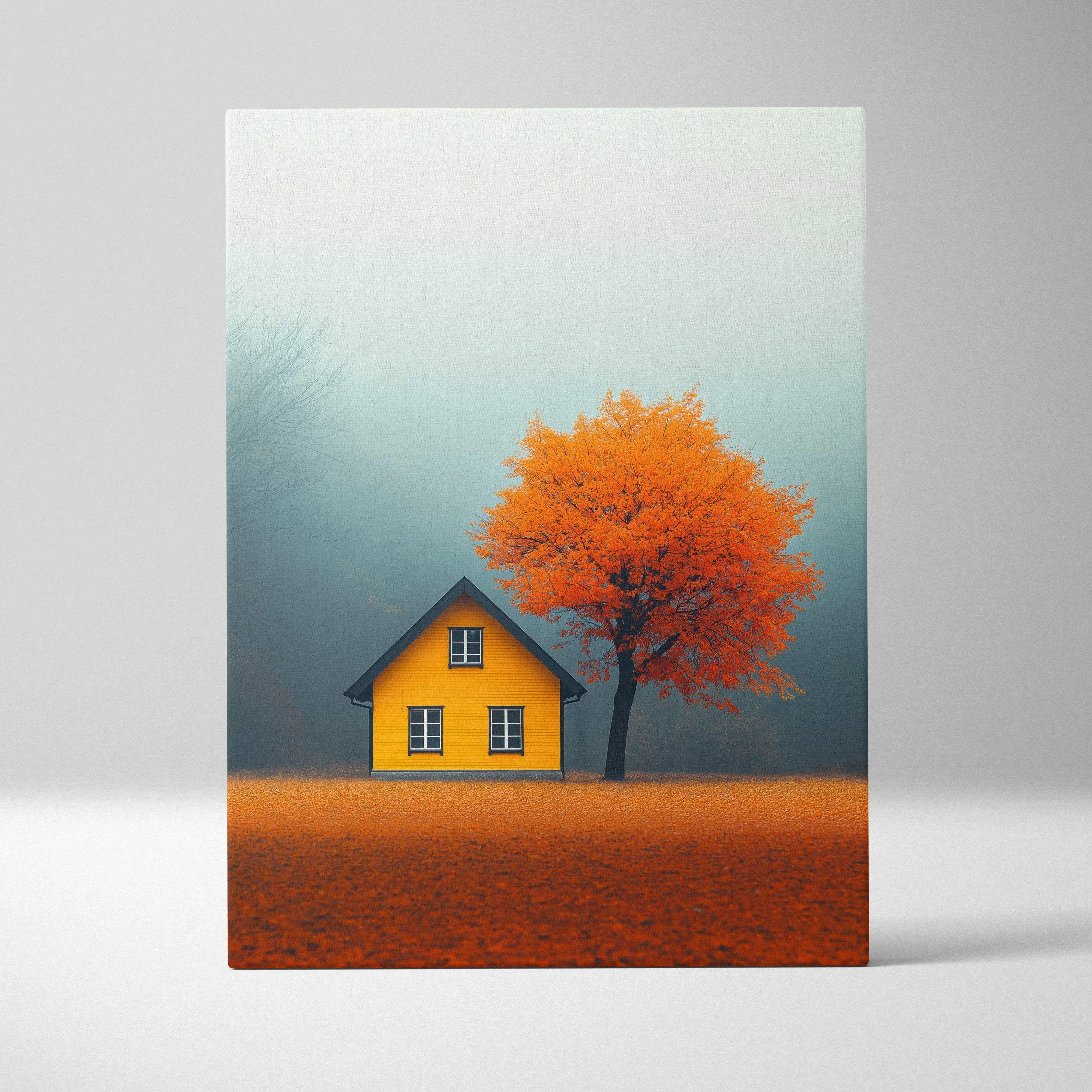 Minimalist autumn landscape canvas wall art featuring a yellow house with white-trimmed windows and an orange tree in mist