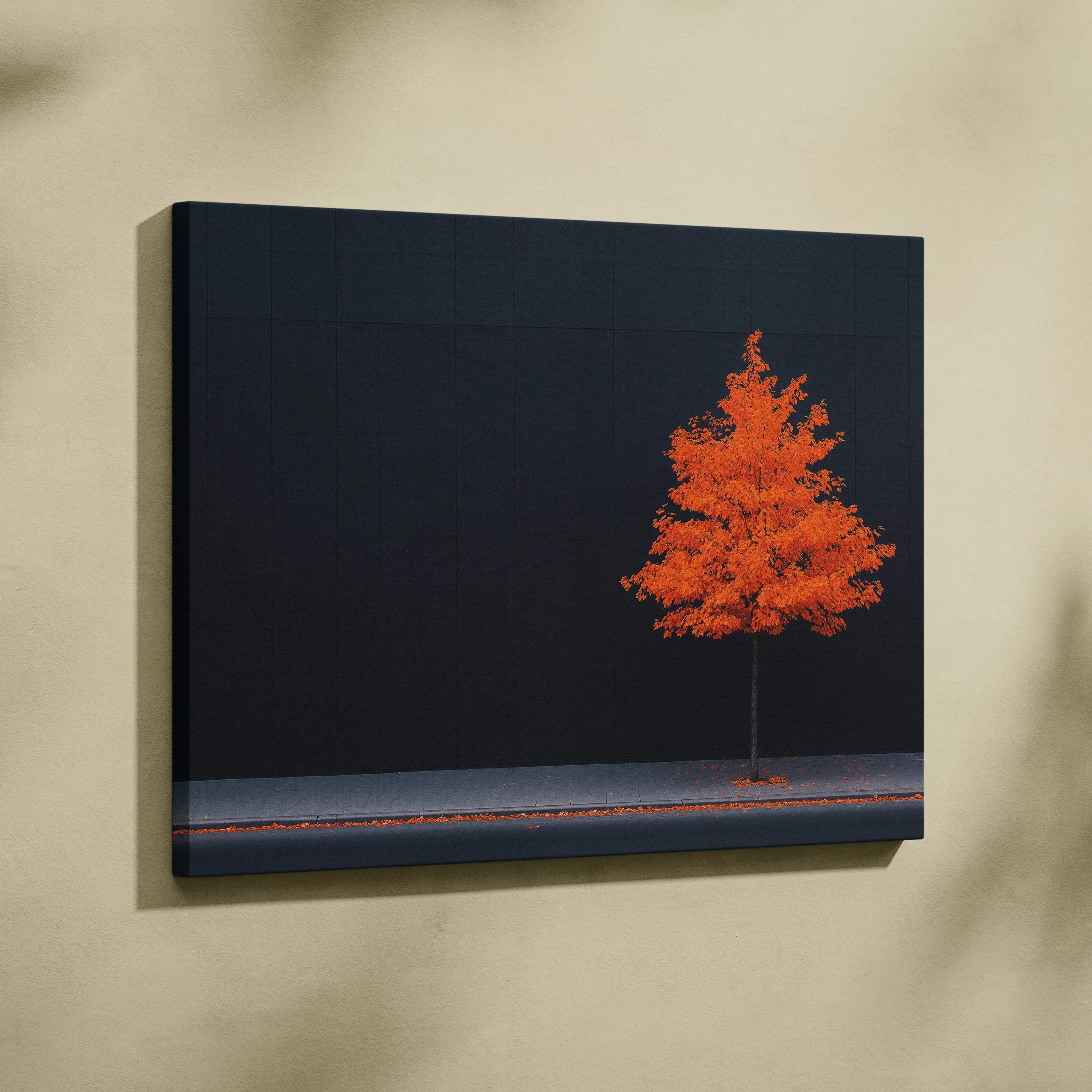 A minimalist autumn tree canvas wall art featuring a vibrant orange tree with golden leaves on dark navy fabric