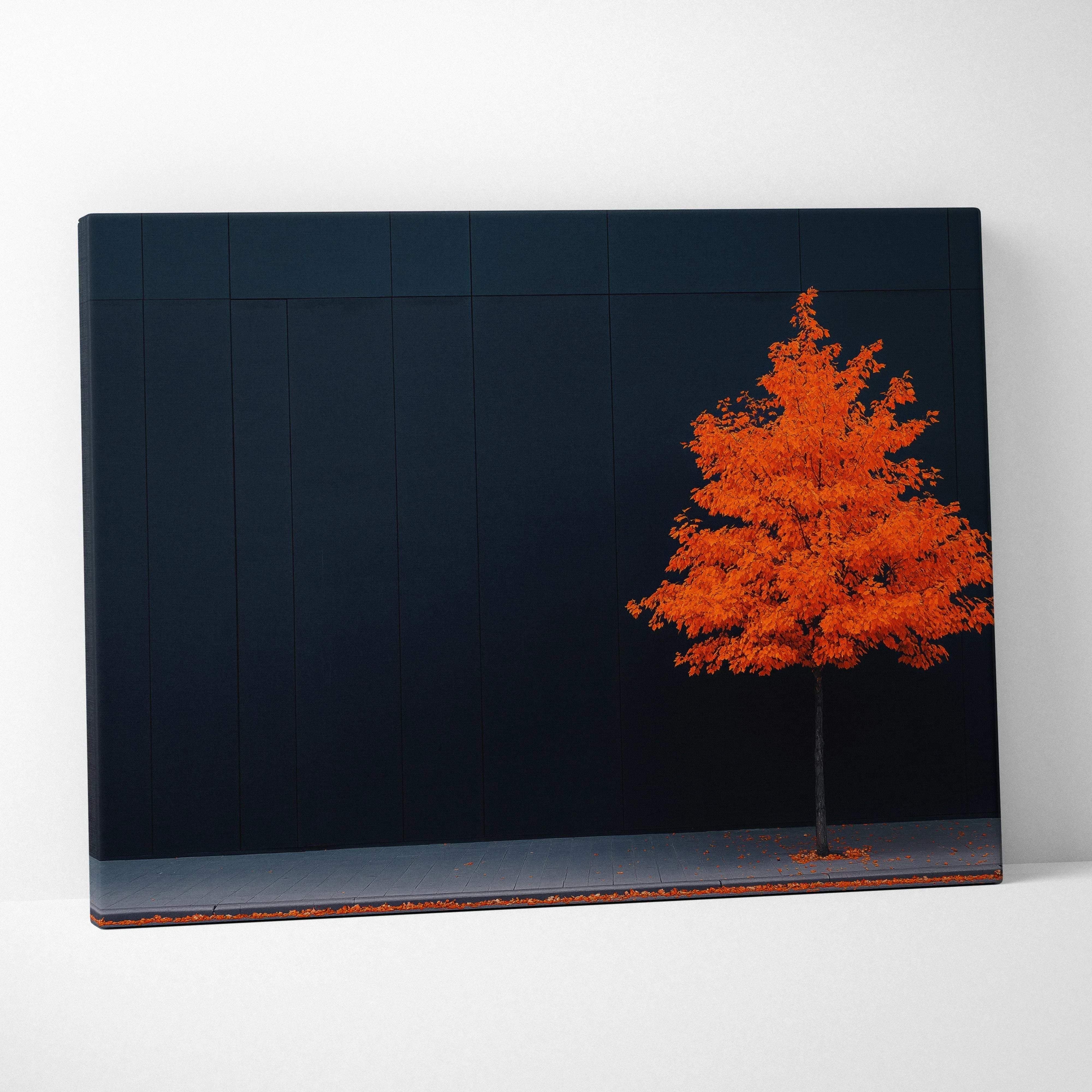 Minimalist autumn tree canvas wall art featuring vibrant orange maple leaves on a deep navy blue background