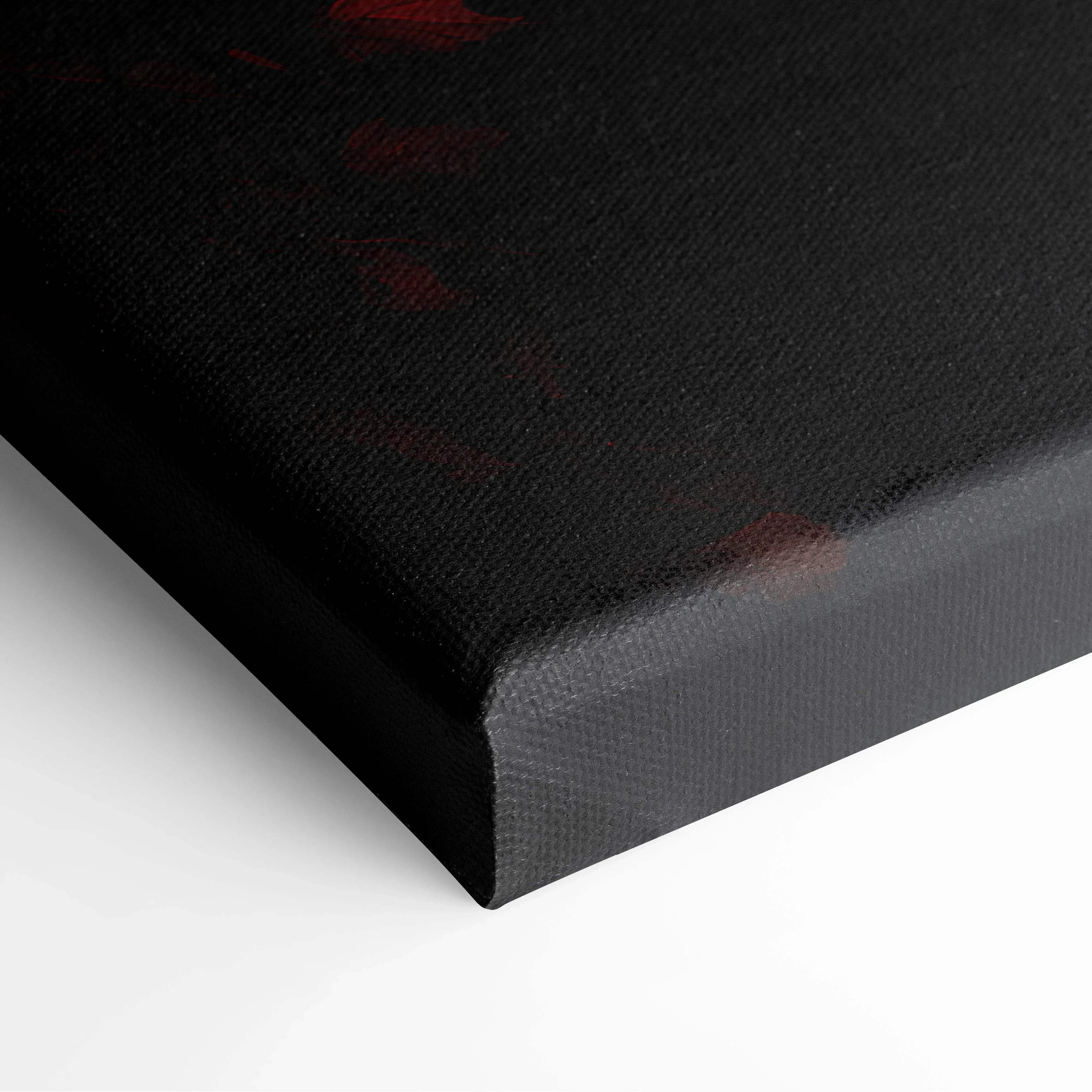 Black canvas wall art with subtle red splatter details minimalist autumn leaves over serene forests design
