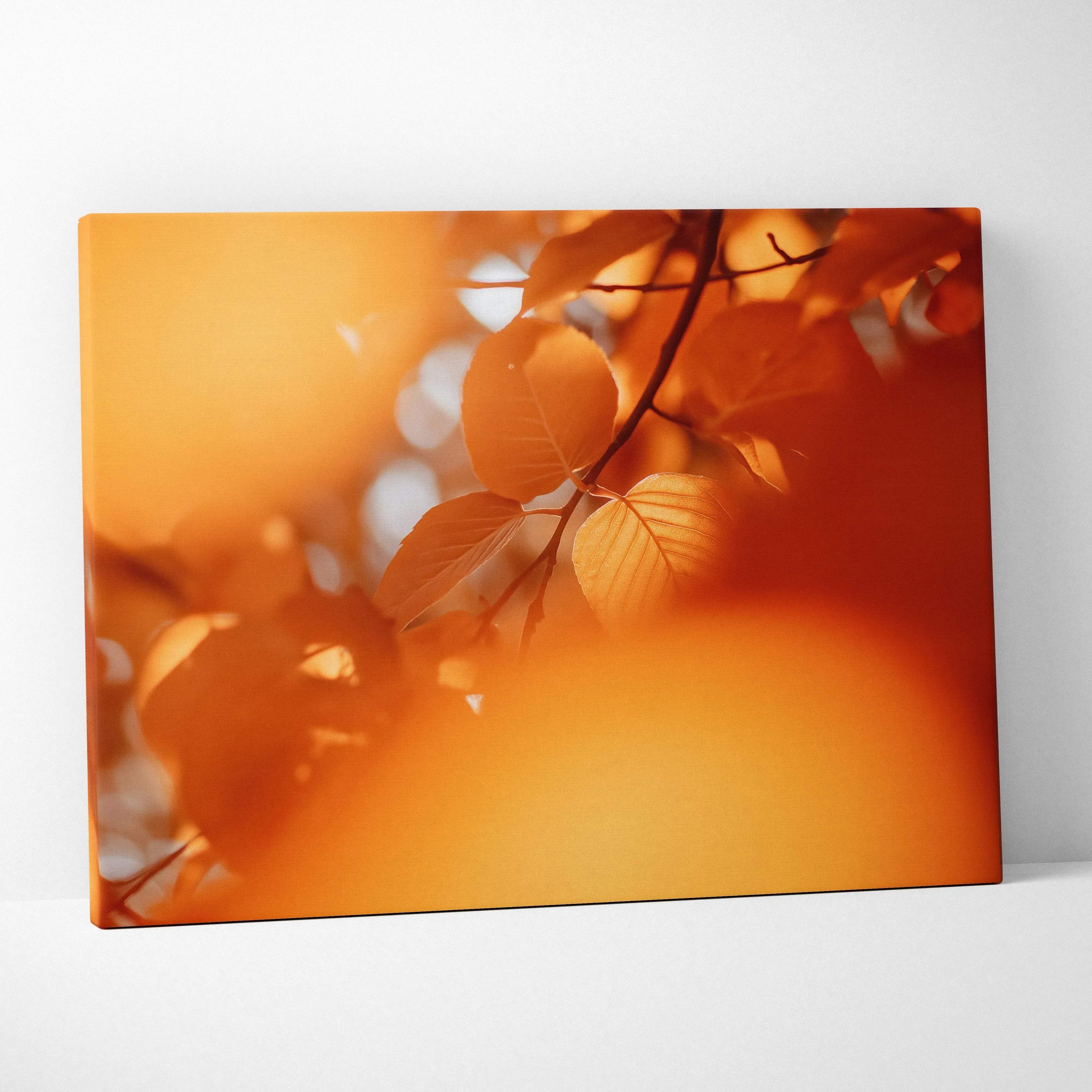 Minimalist autumn leaves canvas wall art with warm orange tones and soft-focus nature scene for cozy serene decor