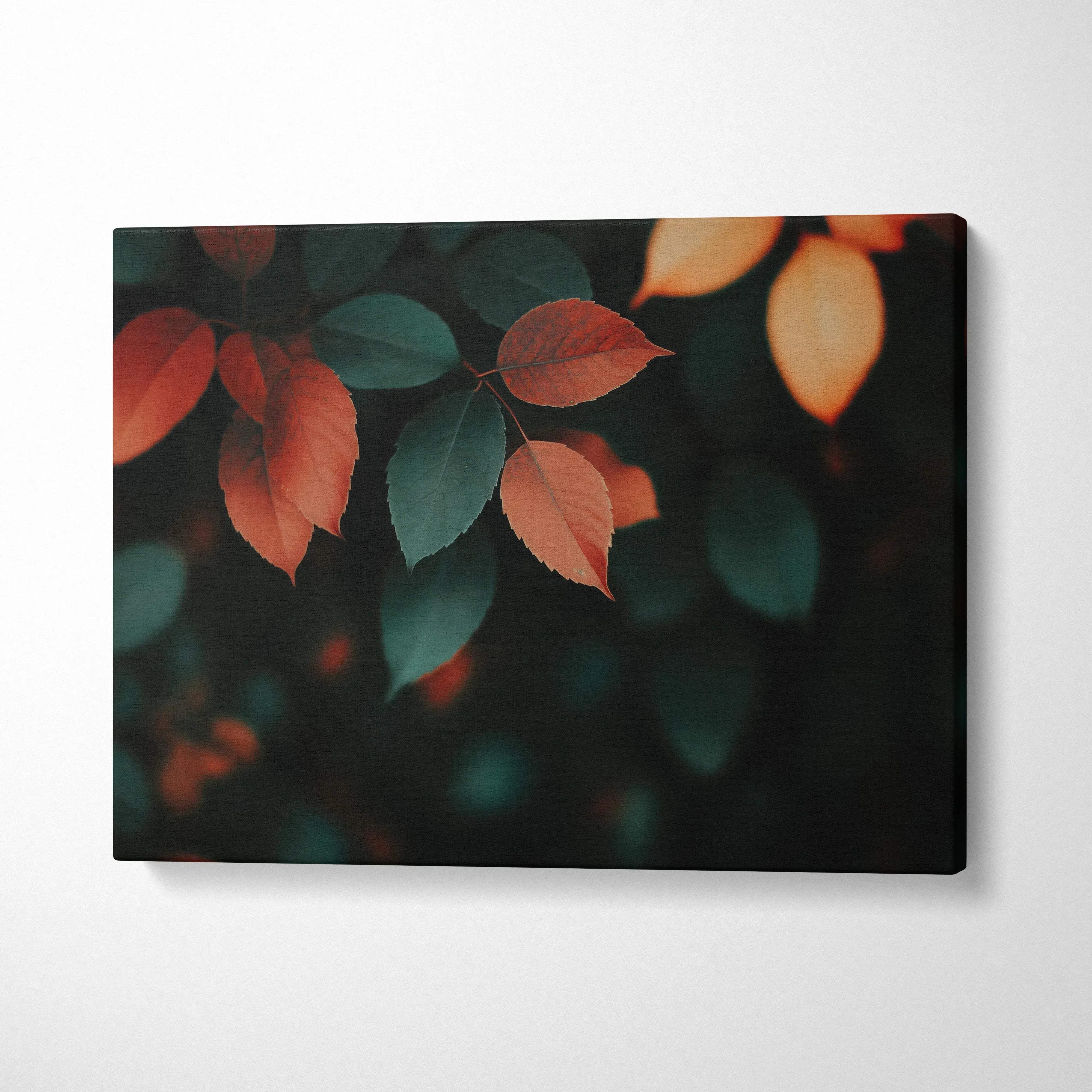 Minimalist autumn leaves in golden and dark green hues on canvas wall art.