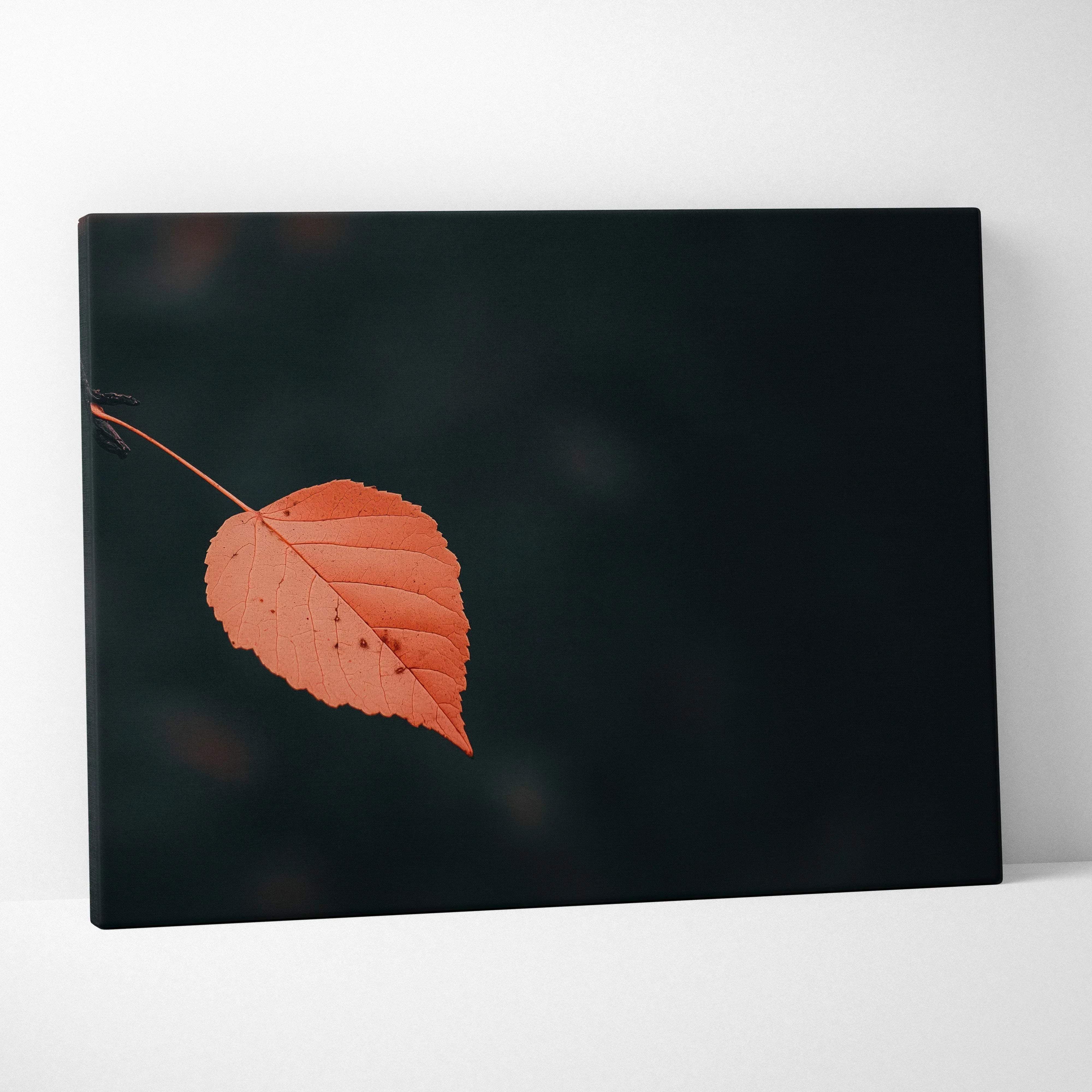 Minimalist autumn leaf canvas wall art featuring a single orange leaf with veins and brown spots on a dark backdrop