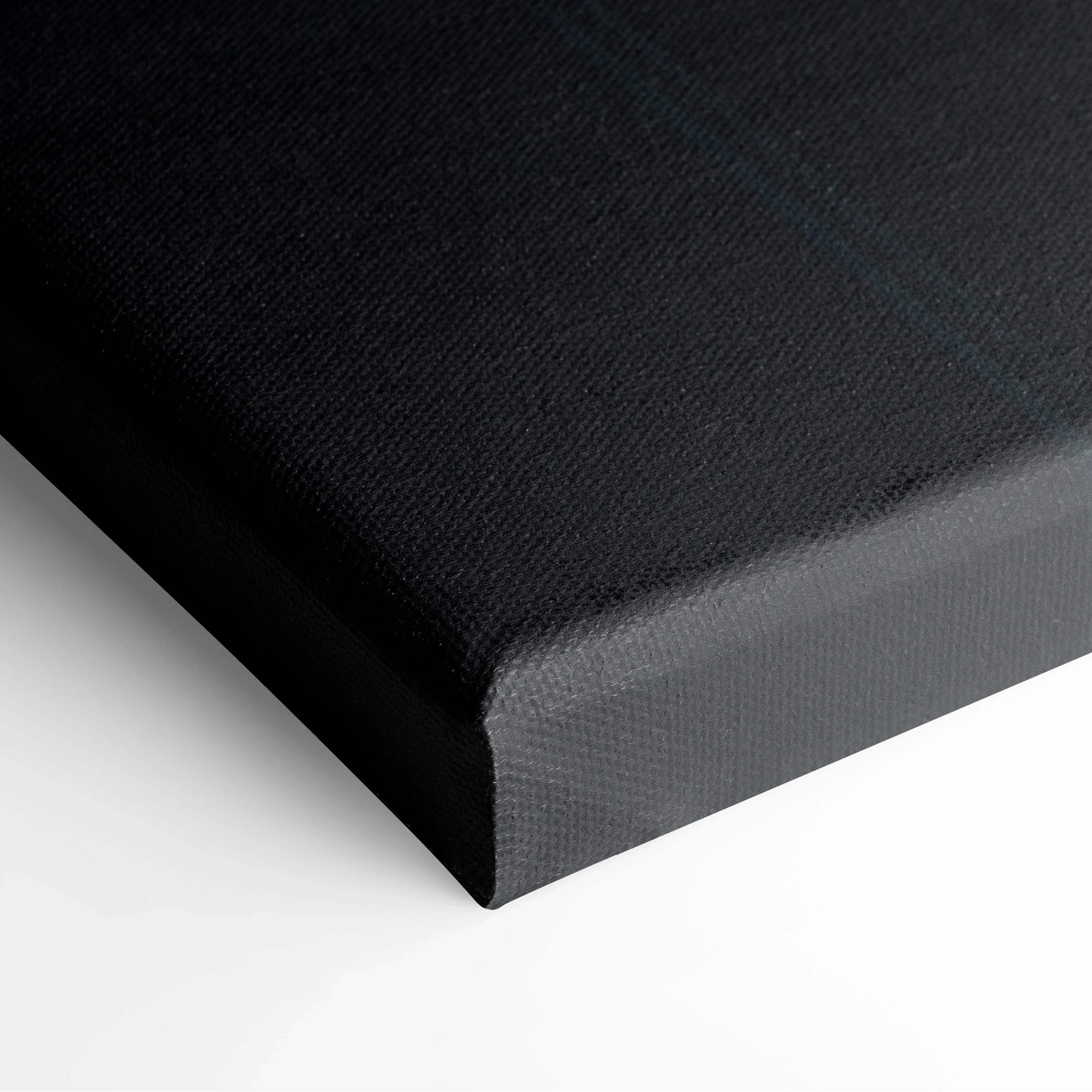 Black canvas print with textured surface and wrapped edges featuring minimalist urban window and orange tree silhouette