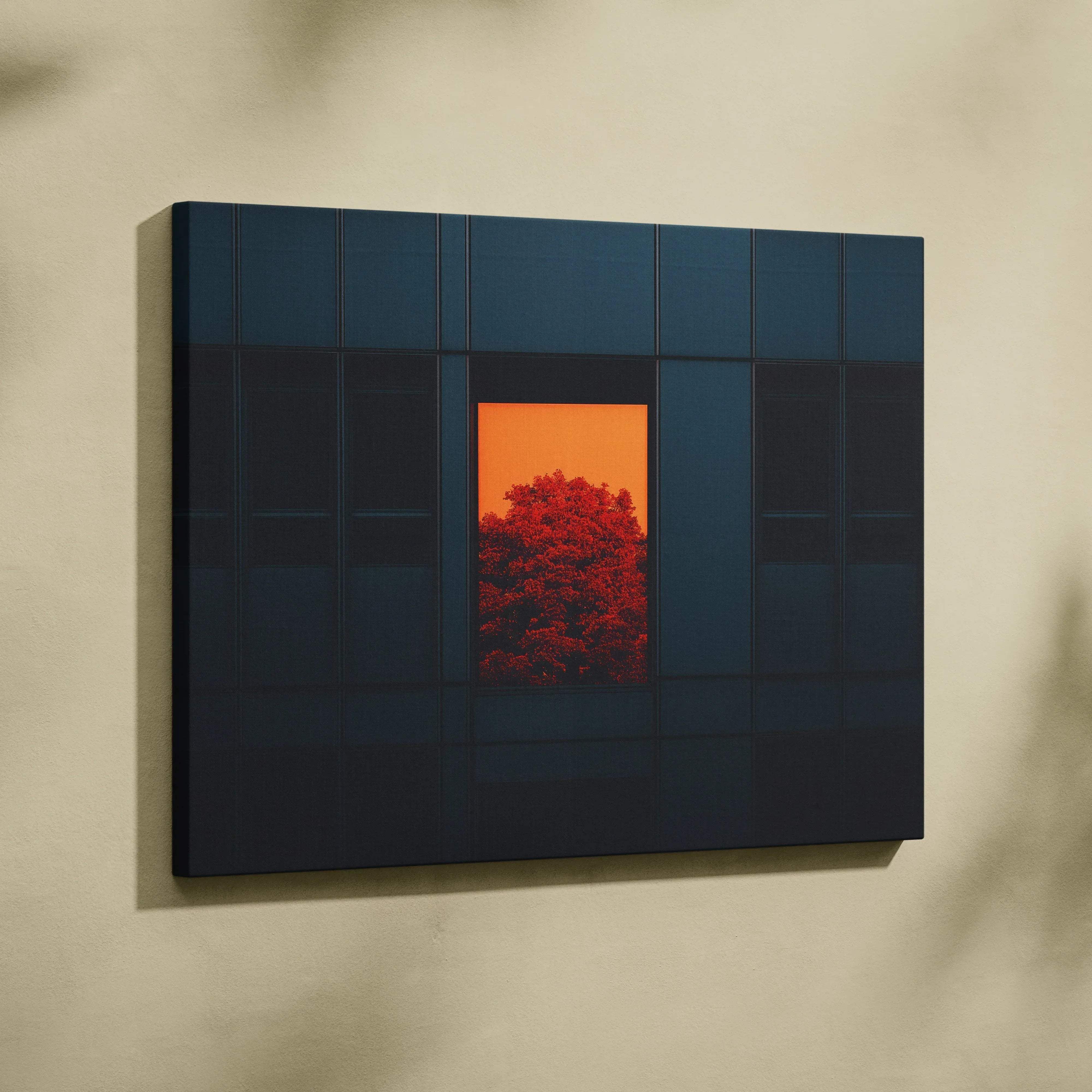 Dark blue canvas wall art featuring a minimalist urban window scene with orange tree silhouette and red foliage panels