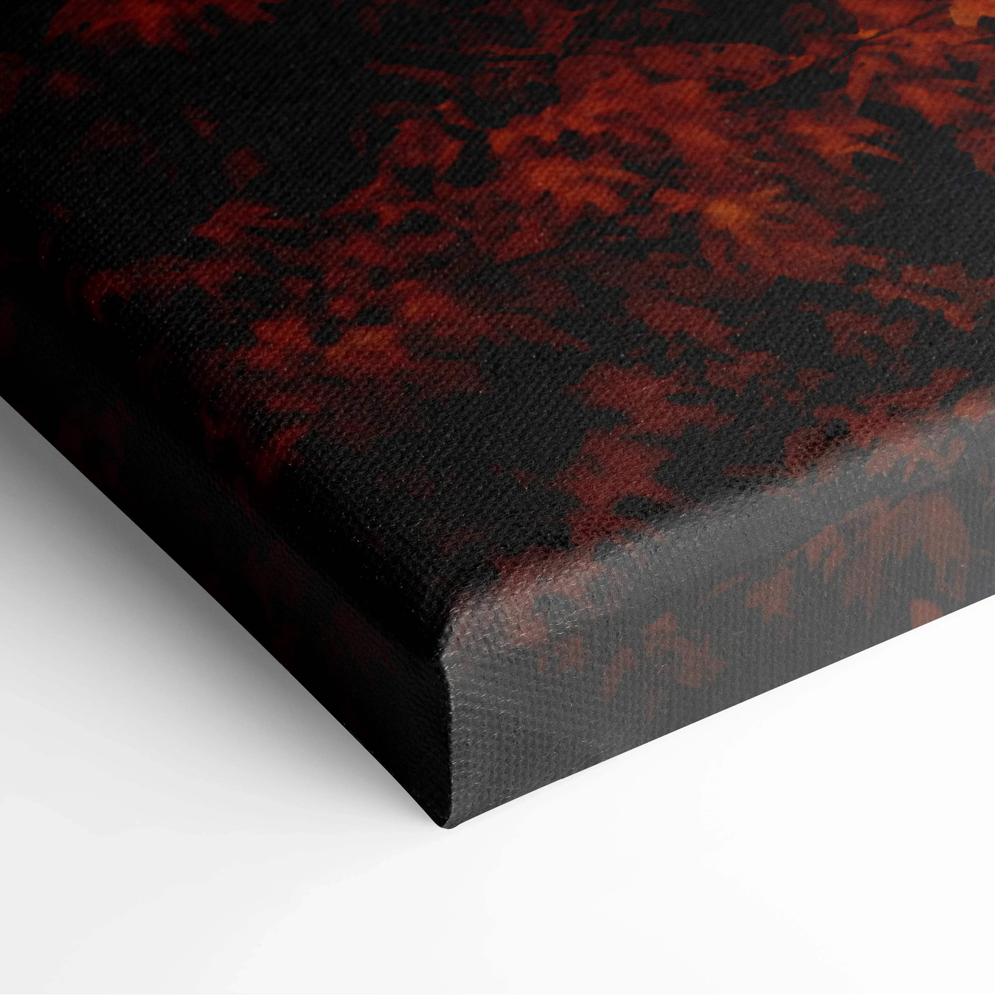 Black canvas print with textured fiery red and orange abstract design for minimalist autumn urban scene wall art