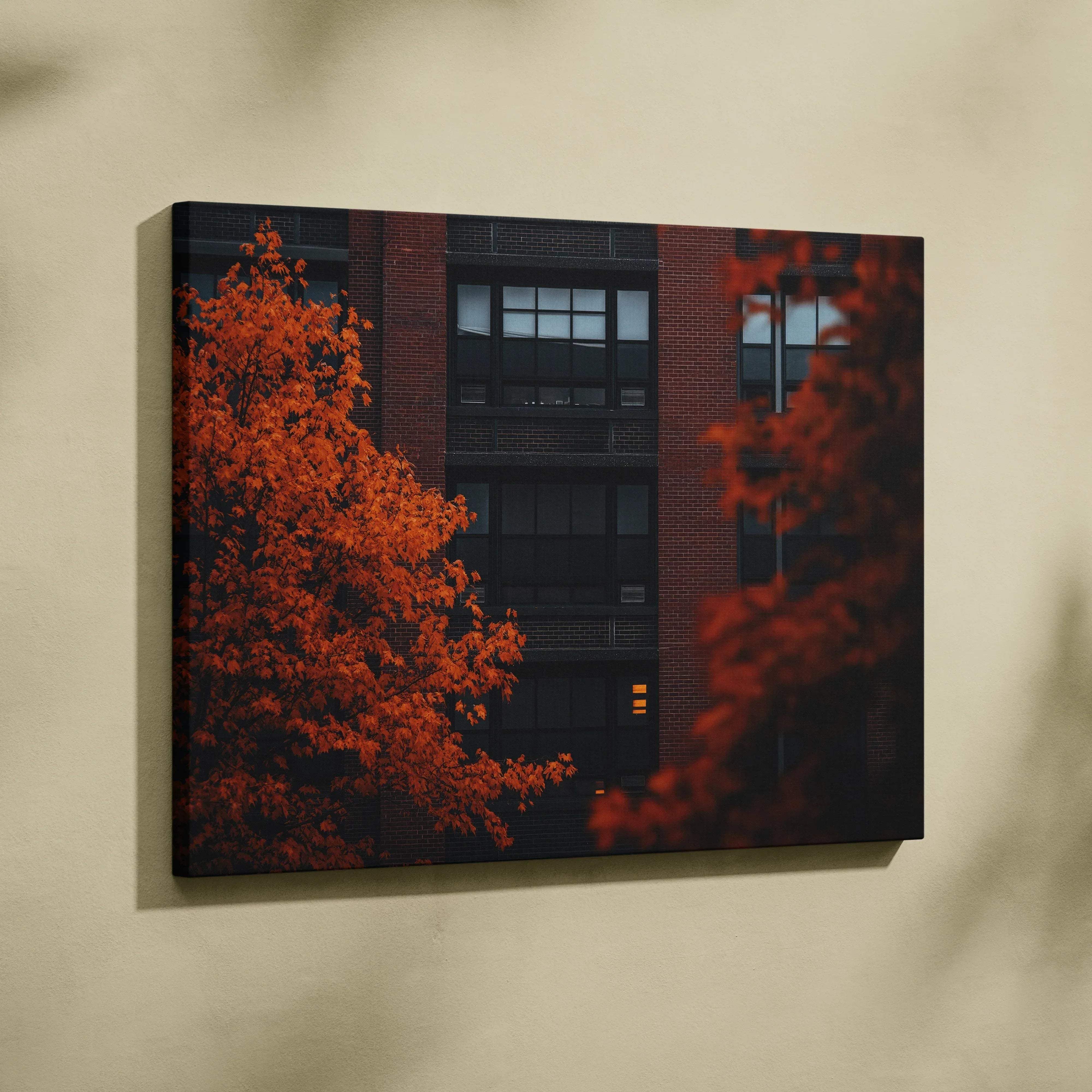 Minimalist autumn urban scene canvas wall art featuring a brick building framed by vibrant orange autumn trees
