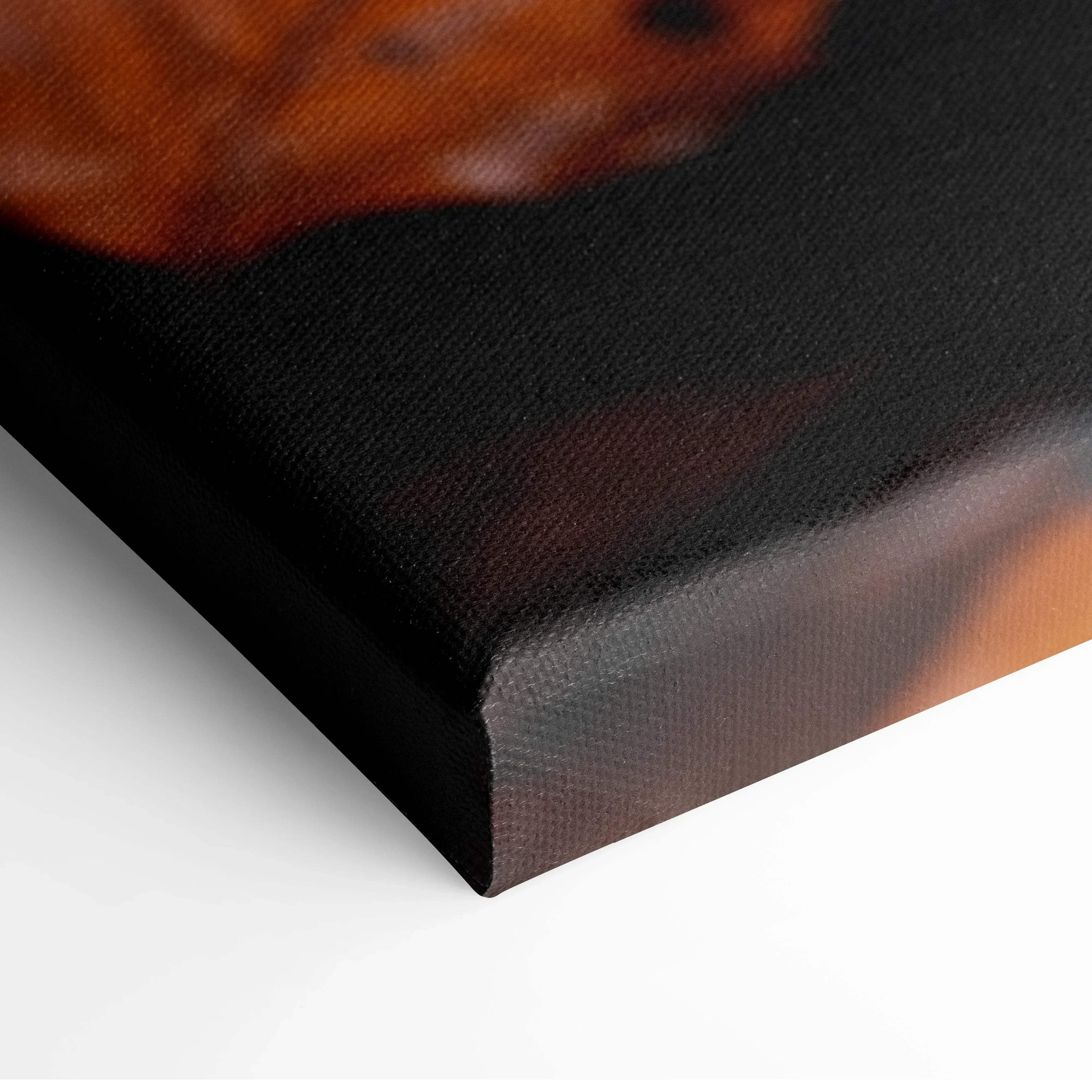 Black canvas print with textured surface in warm brown tones featuring minimalist autumn leaves over dark water design