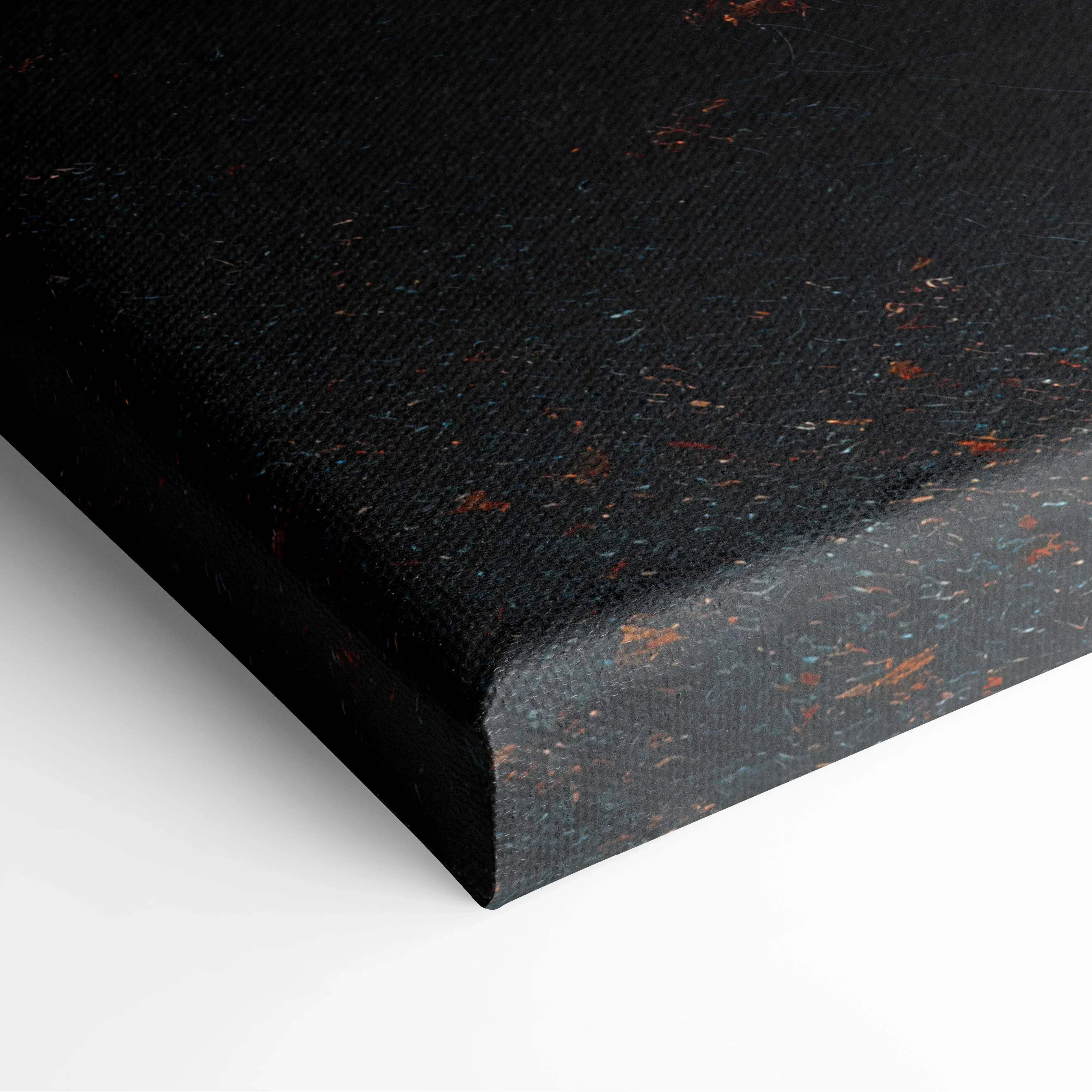 Black canvas print with subtle orange and blue speckles for minimalist autumn lakeside scene wall art