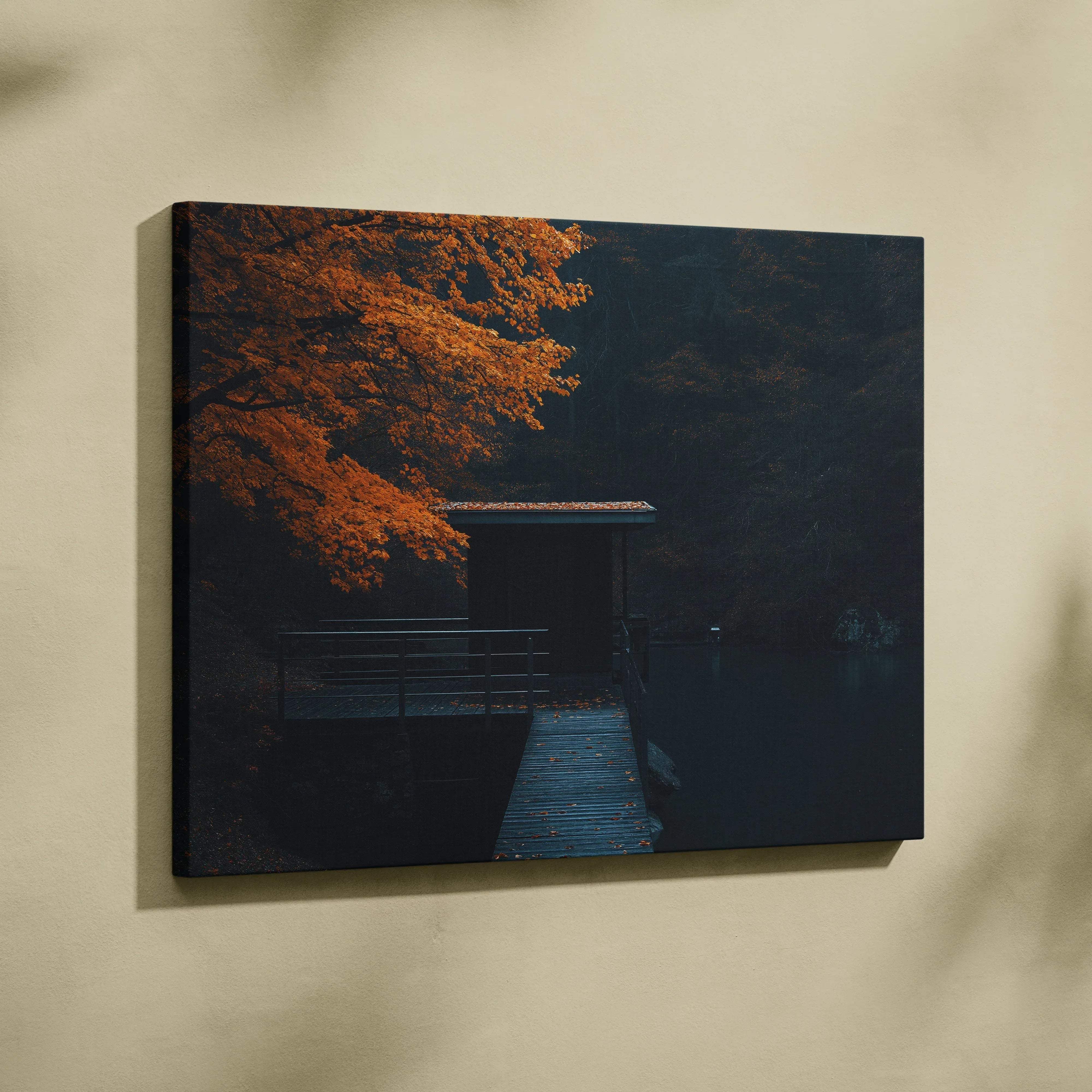 Rectangular canvas print featuring a minimalist autumn lakeside scene with warm orange foliage and serene water