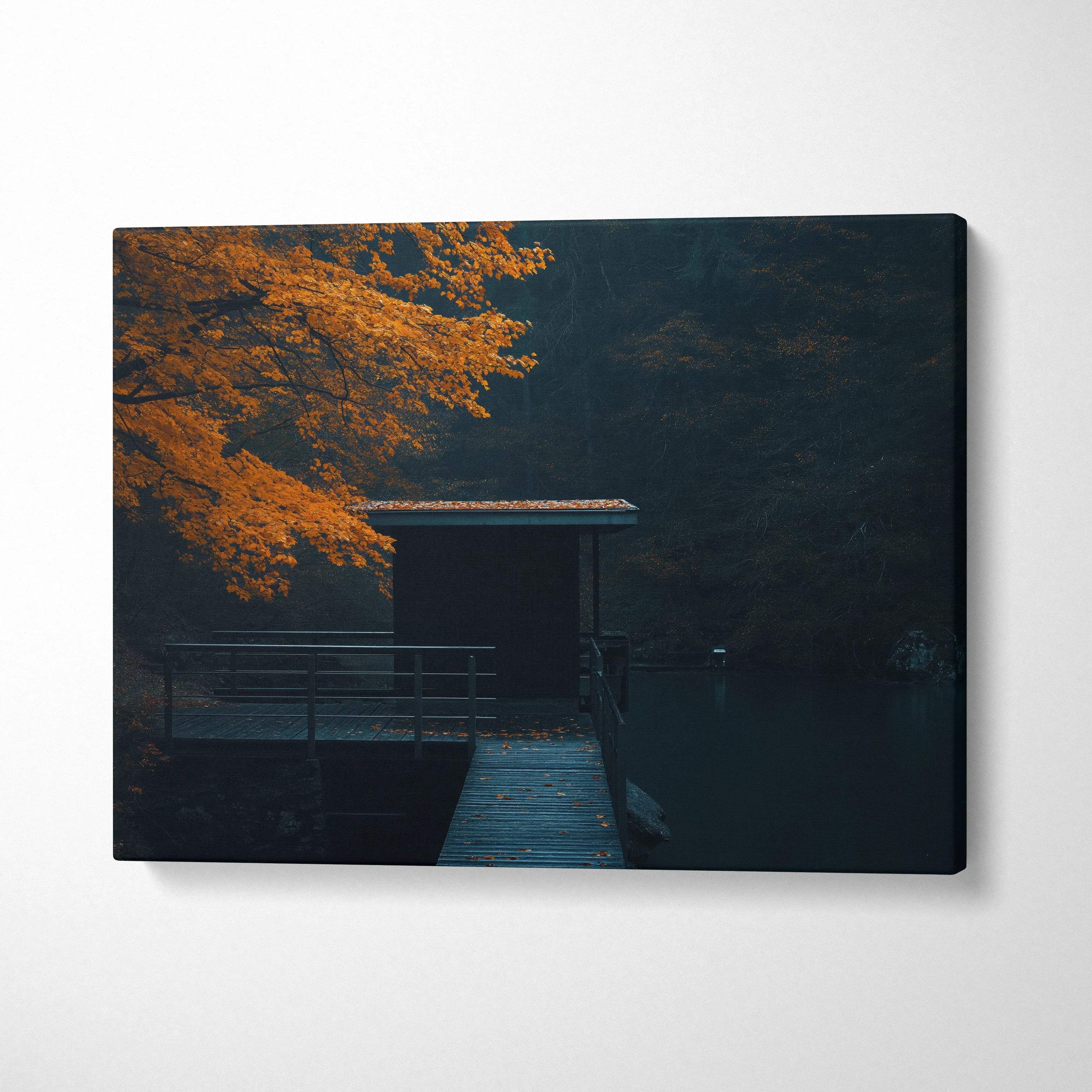 Minimalist autumn nature canvas art with vibrant orange foliage and serene dark landscape wall art.