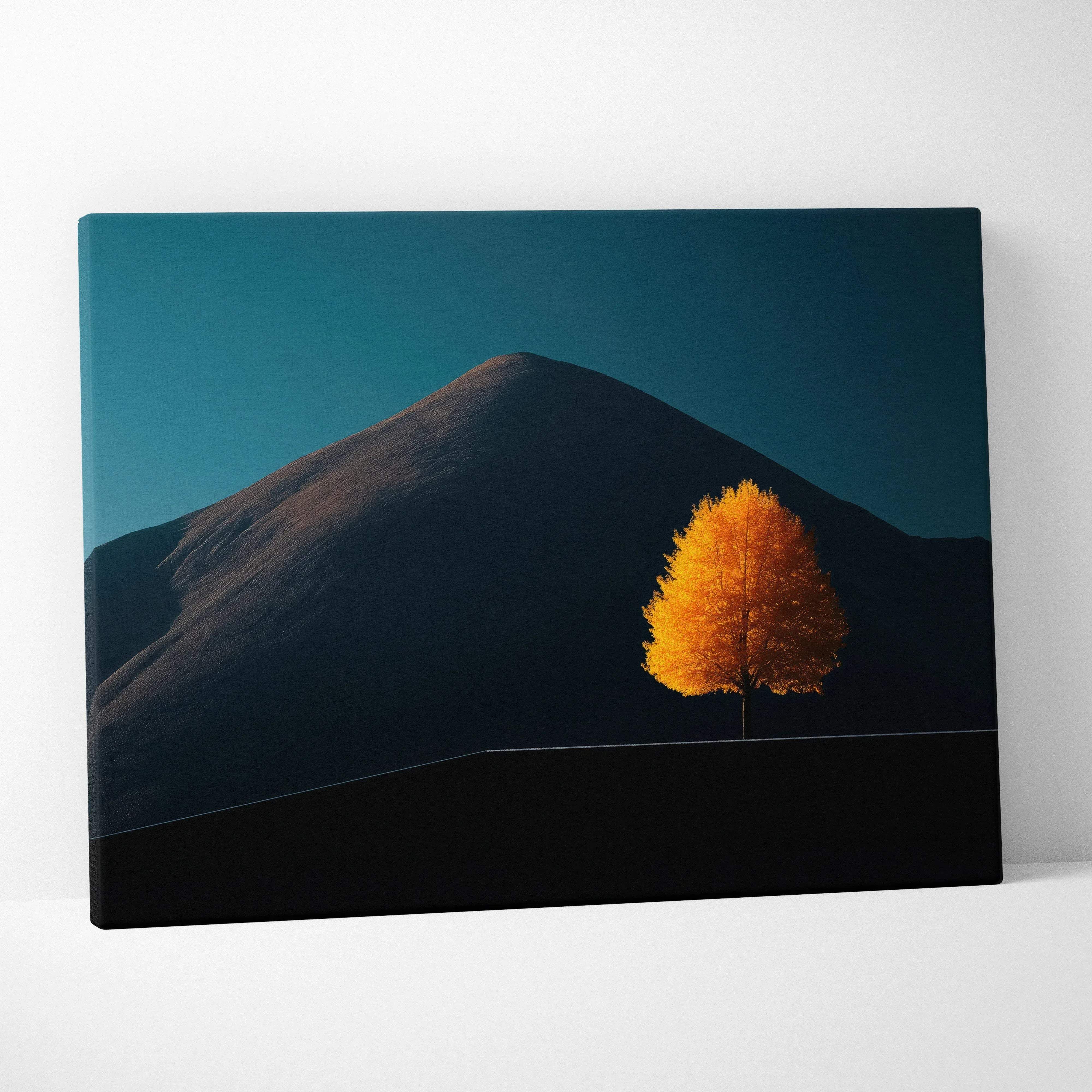 Minimalist landscape canvas wall art featuring a vibrant orange tree with golden leaves against a deep teal sky
