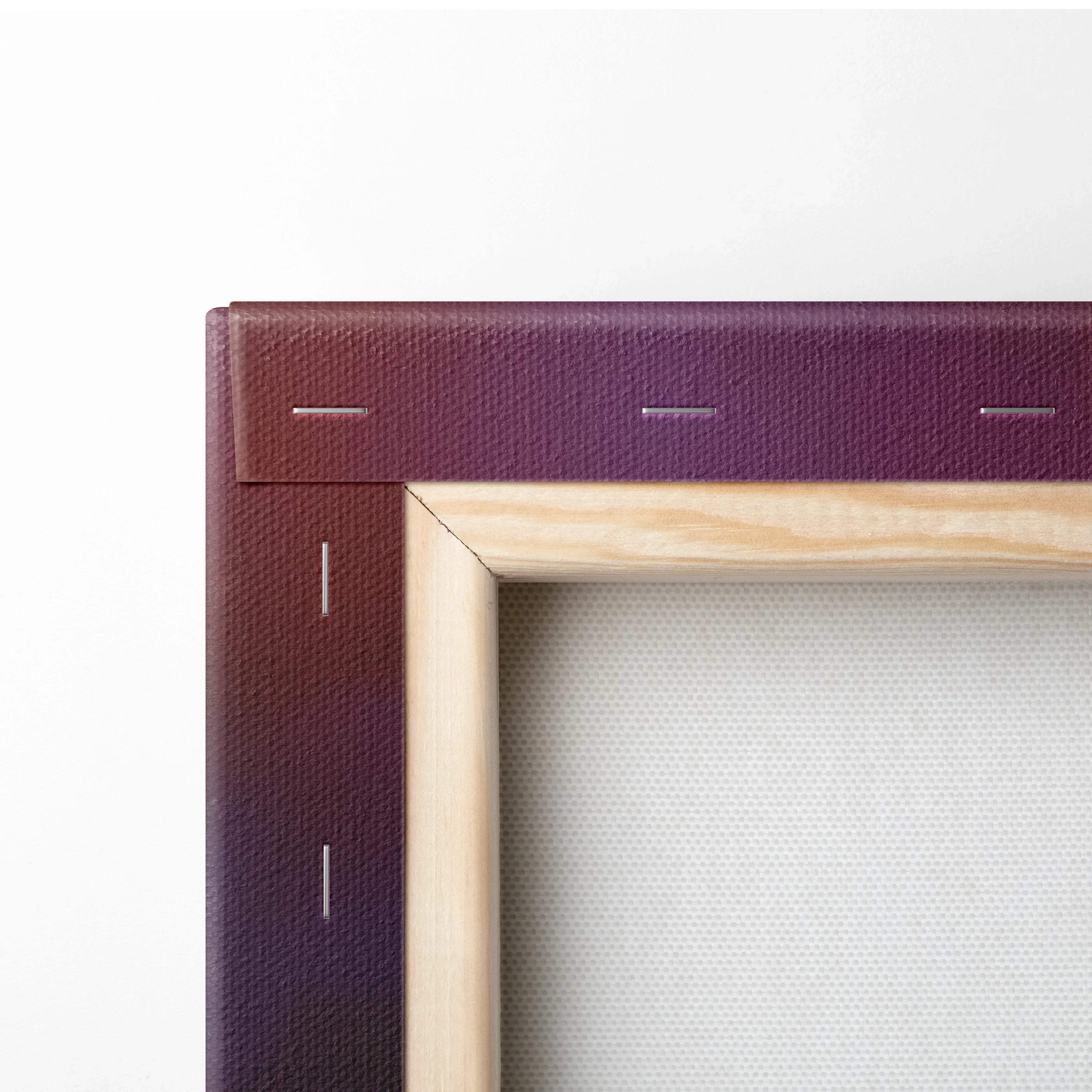 Purple textured canvas frame with light wood border featuring minimalist autumn leaves wall art design