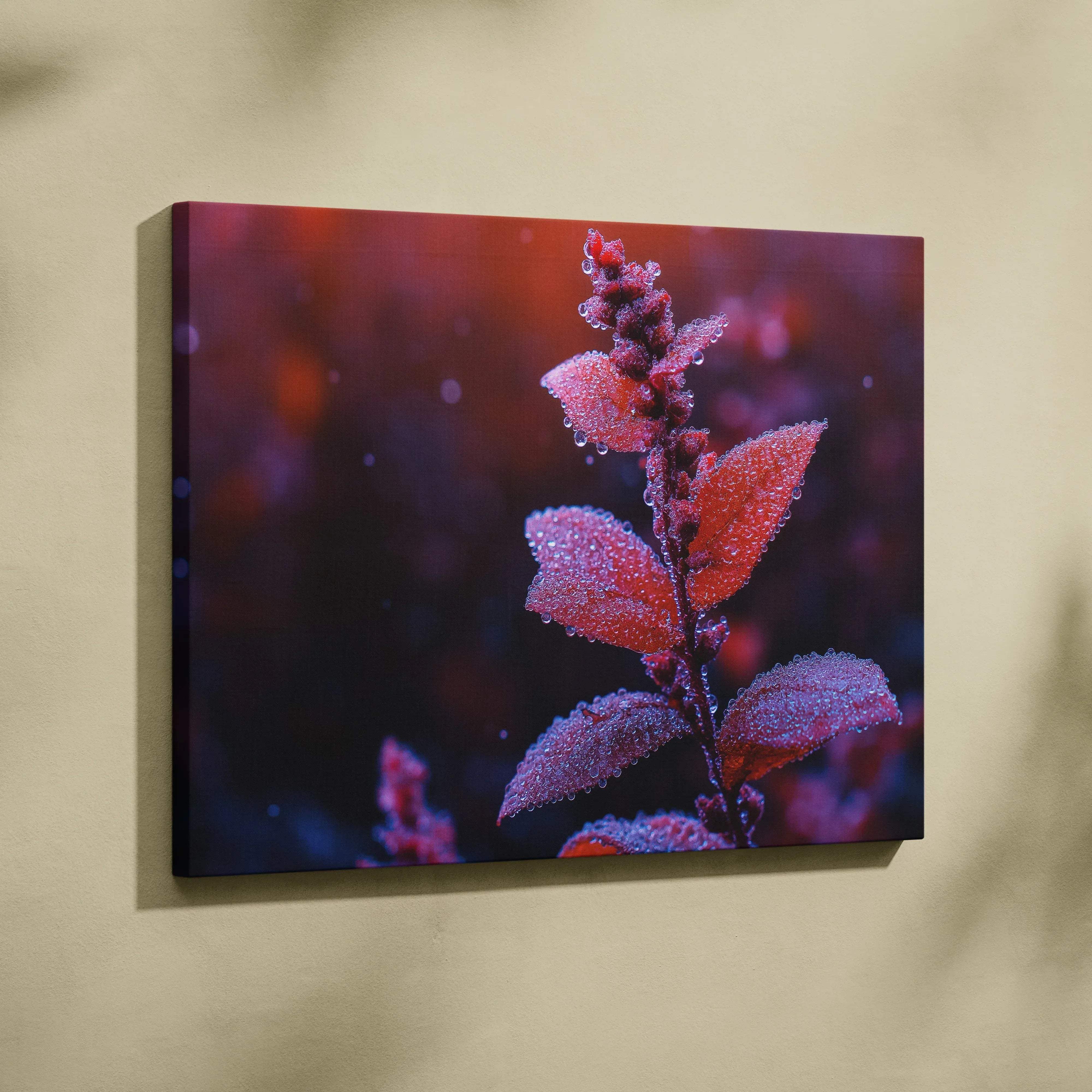Minimalist autumn leaves canvas wall art featuring a vibrant red and purple frost-covered plant with dewdrops