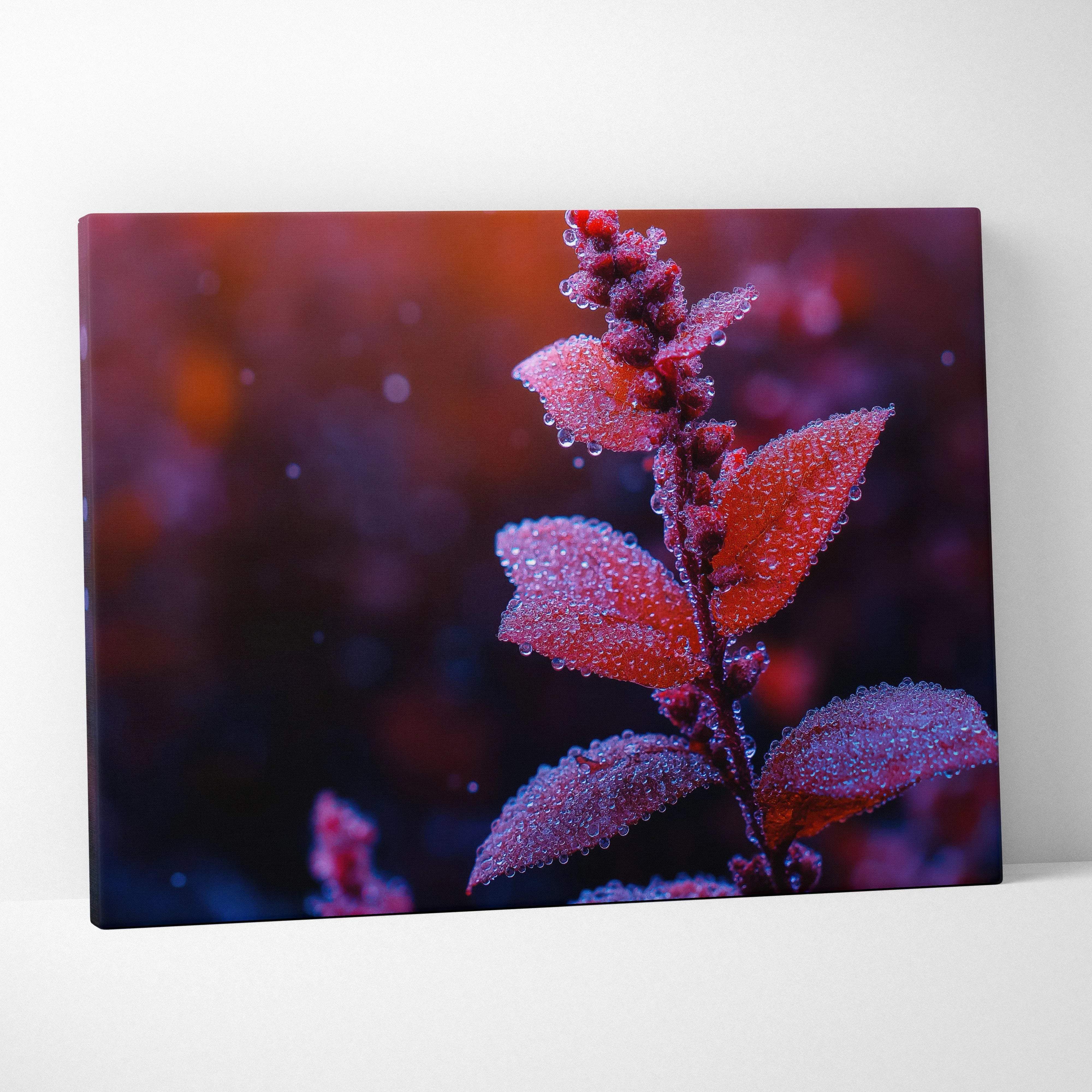 Minimalist autumn leaves canvas wall art featuring vibrant red foliage with frosted dew on a deep blue backdrop