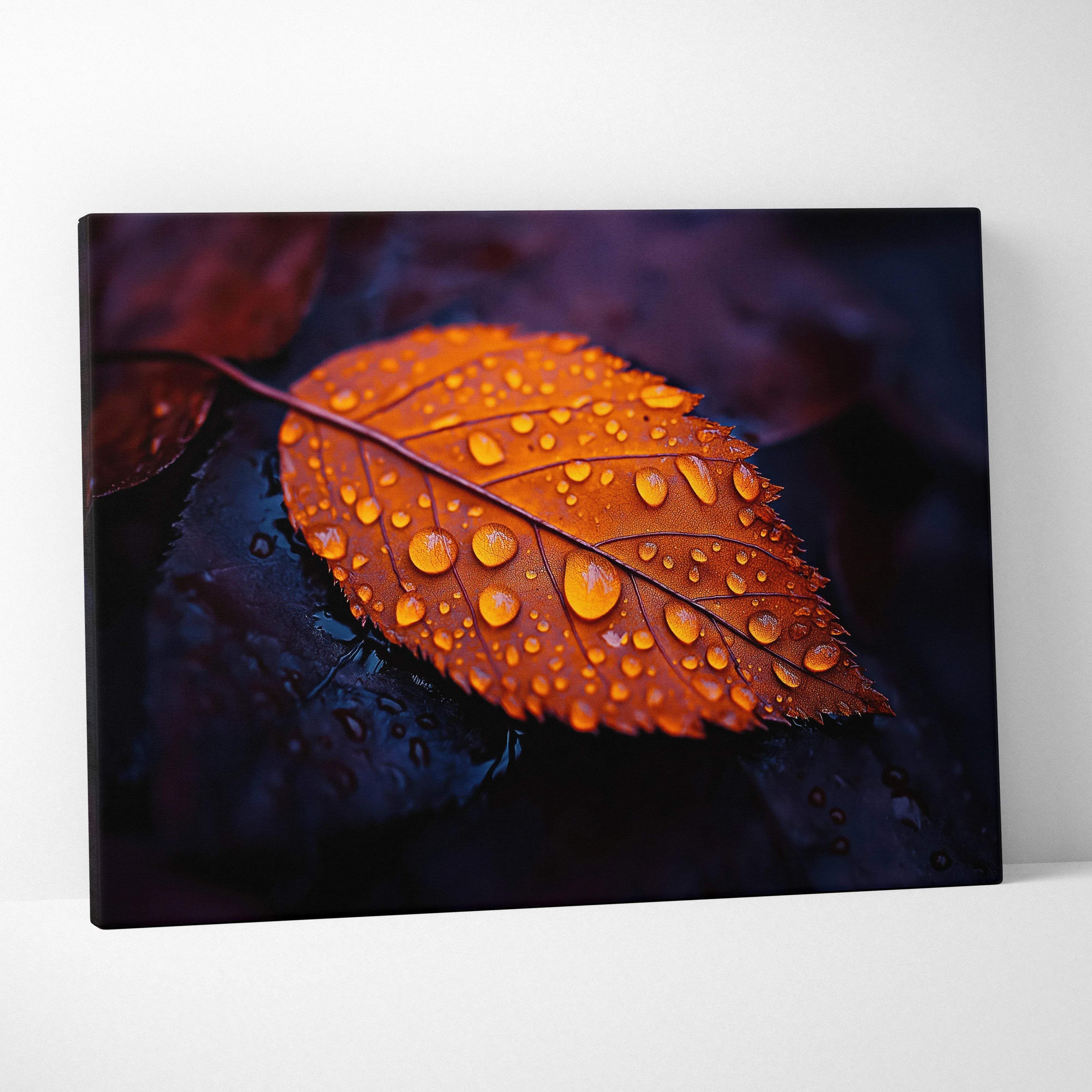 A canvas print of a vibrant orange autumn leaf with dew drops in macro photography style on a moody indigo background