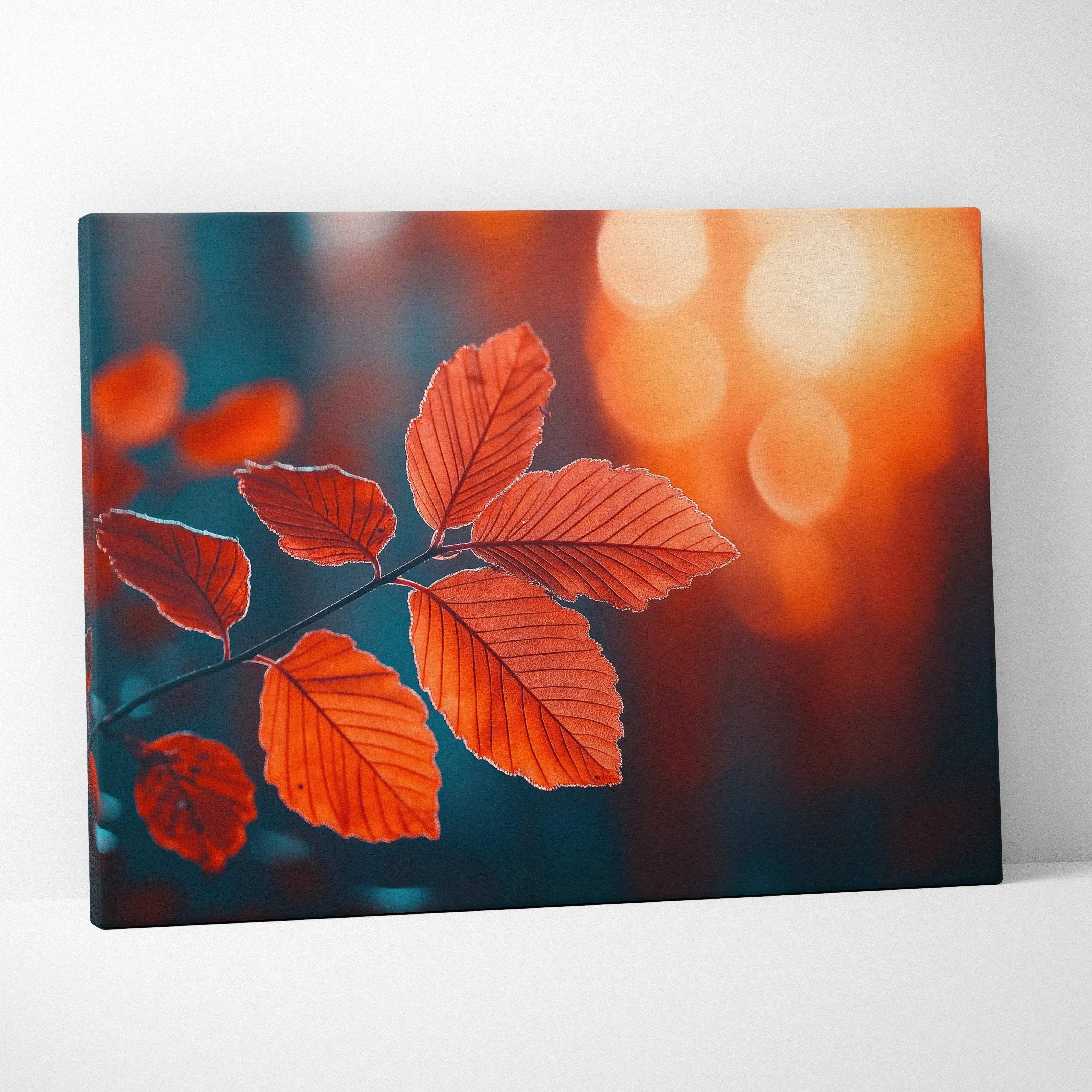 Minimalist autumn leaves on branch canvas wall art with vibrant orange and rich red tones and detailed vein patterns