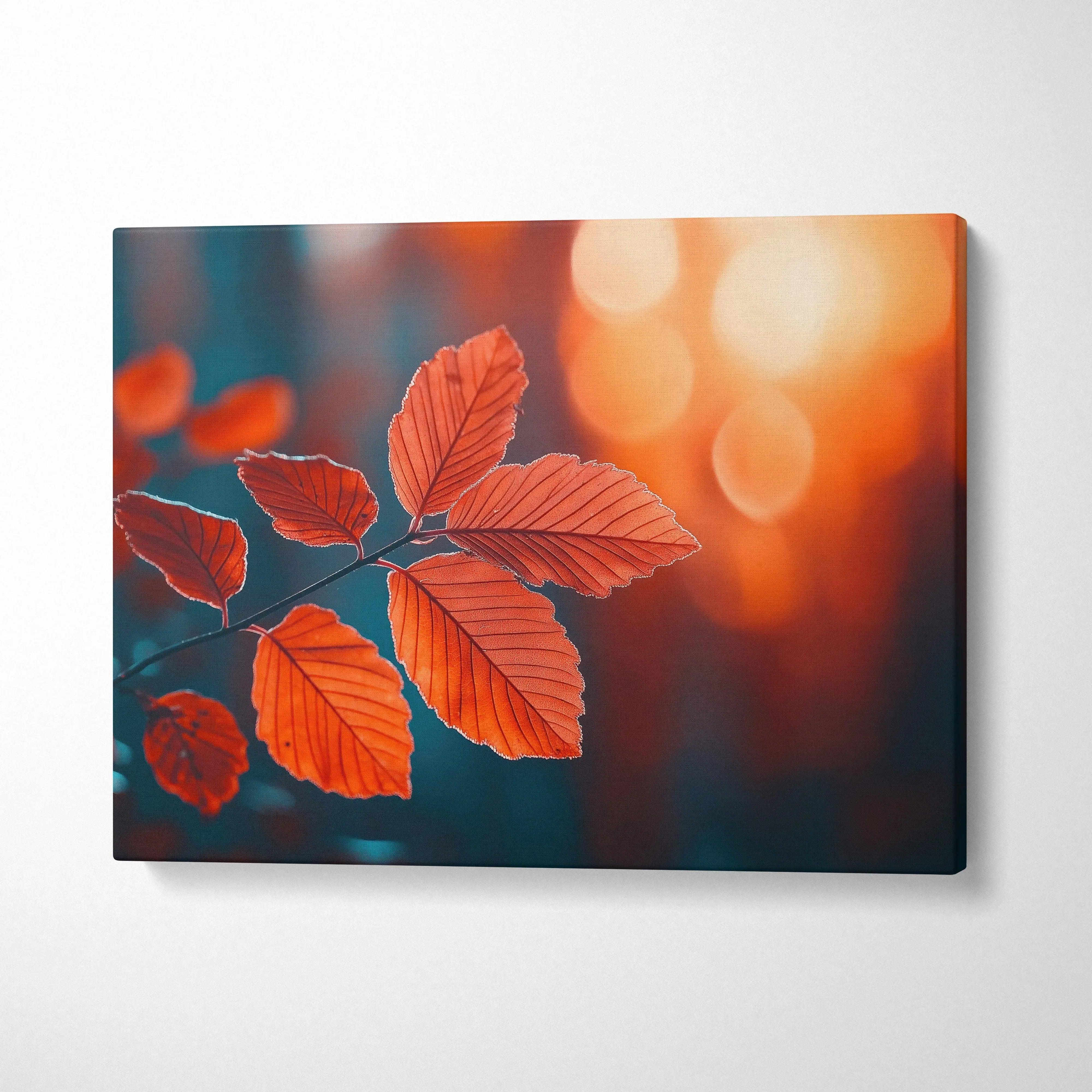 Canvas art featuring minimalist autumn leaves in warm golden and orange tones with blurred background, wall art for nature.