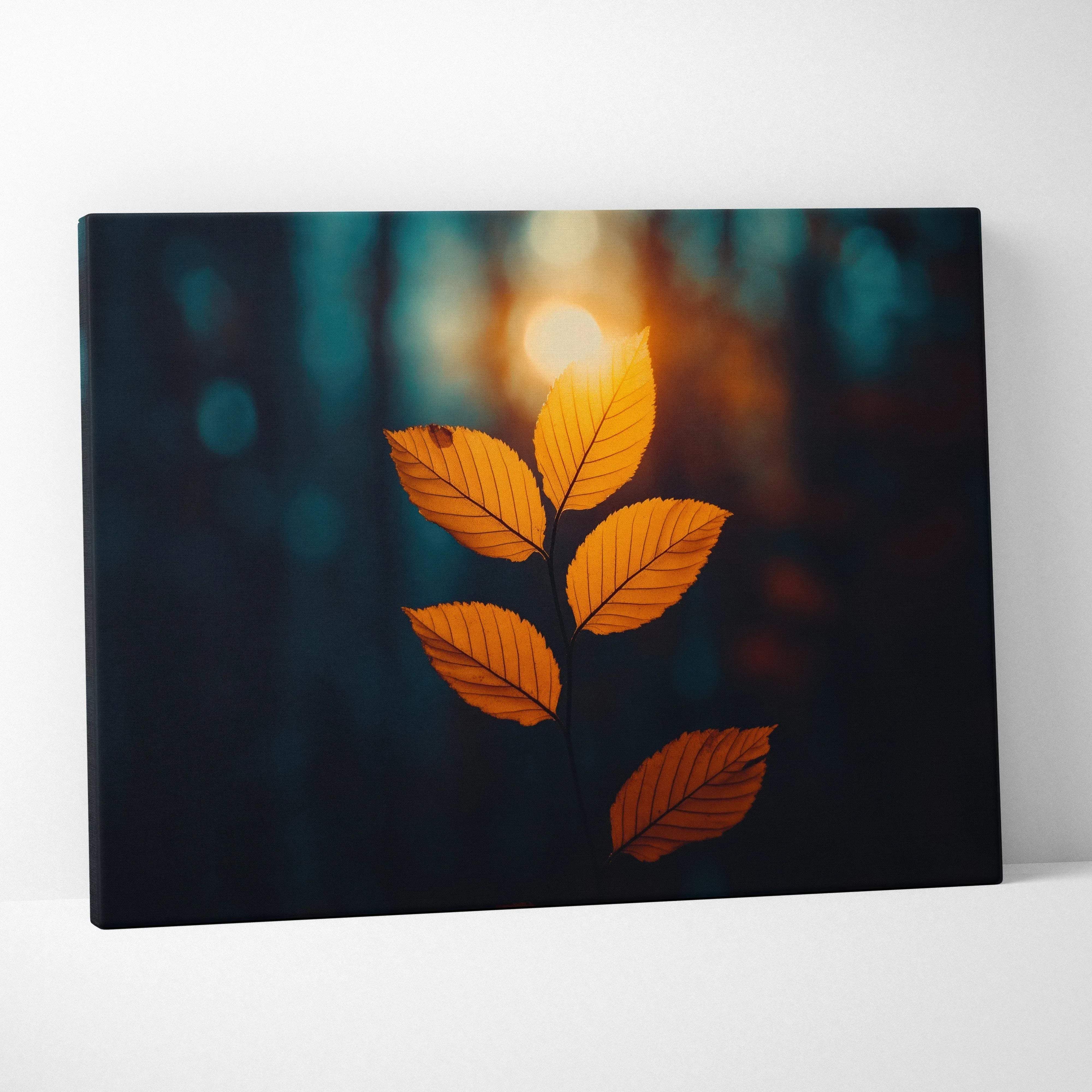 Minimalist autumn leaves canvas wall art featuring golden orange leaves with warm forest glow on deep teal sunset background