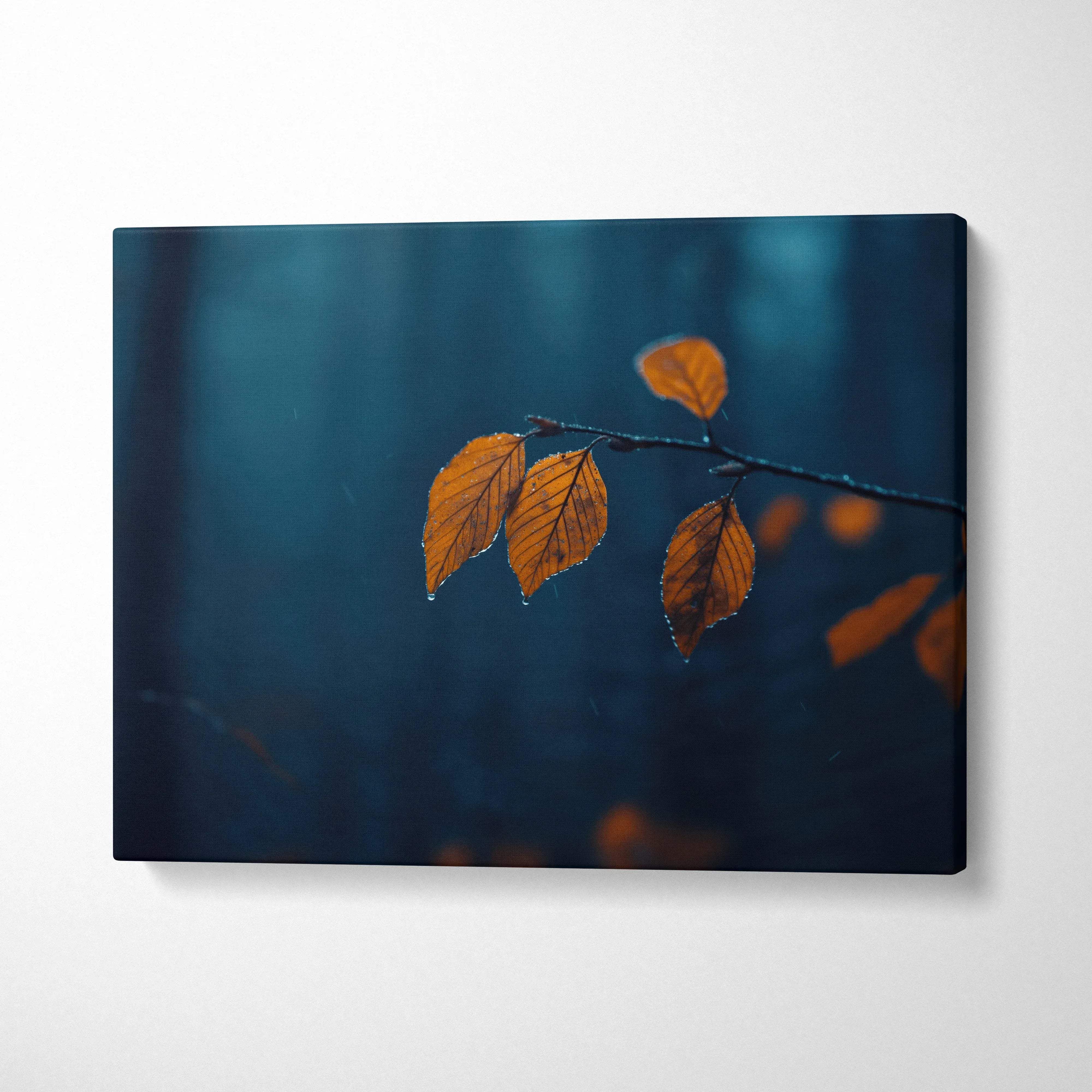 Minimalist autumn nature canvas art with orange leaves on dark blue background wall art.