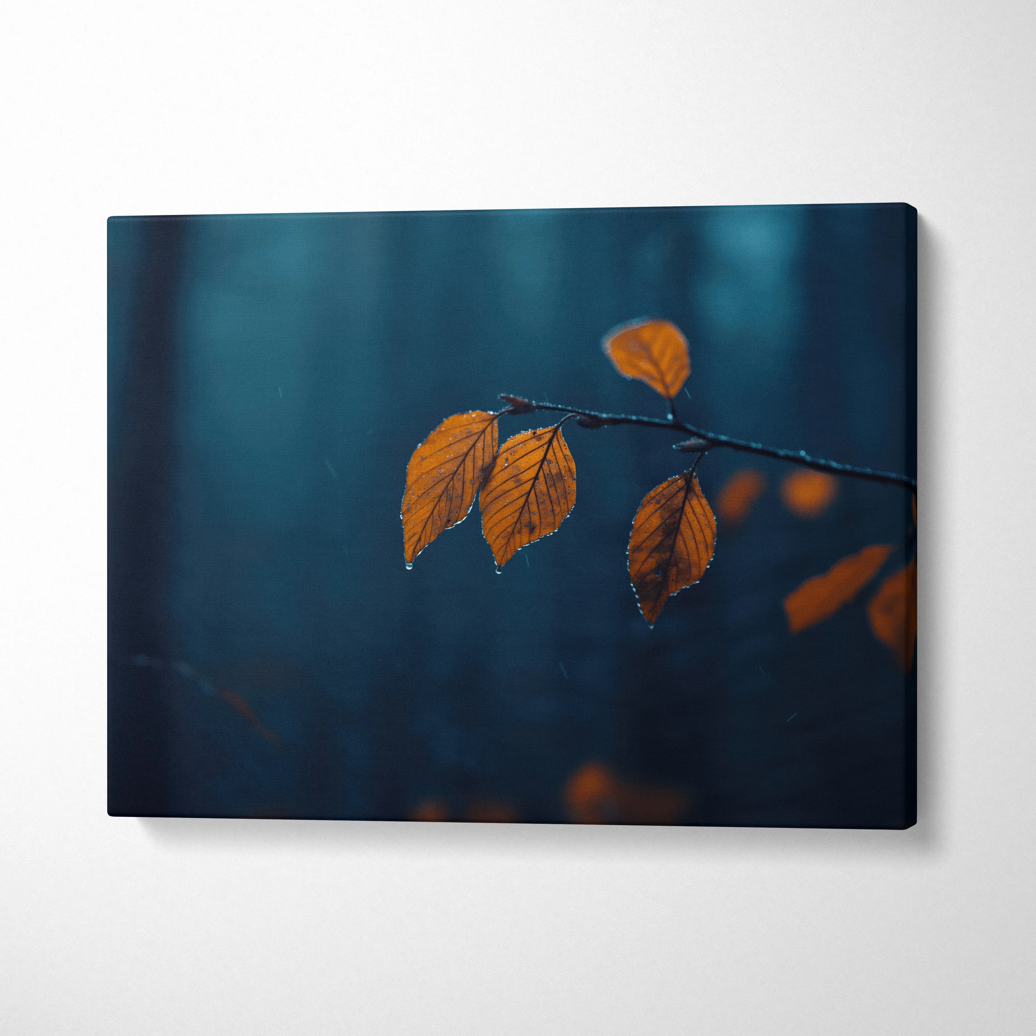Minimalist autumn nature canvas art with orange leaves on dark blue background wall art.