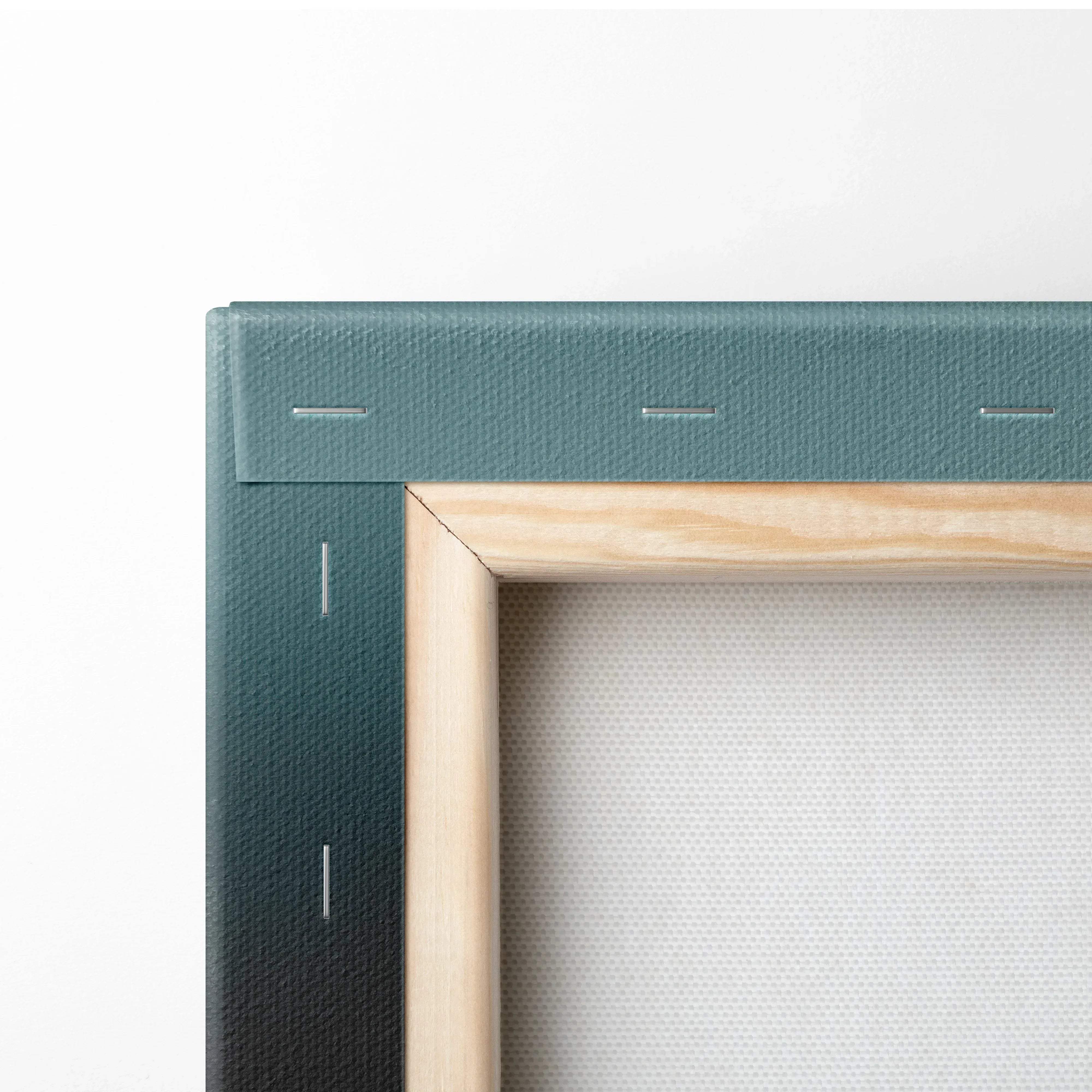 Teal canvas wall art stretched over a light wood frame featuring a minimalist red leaf plant with moody autumn hues