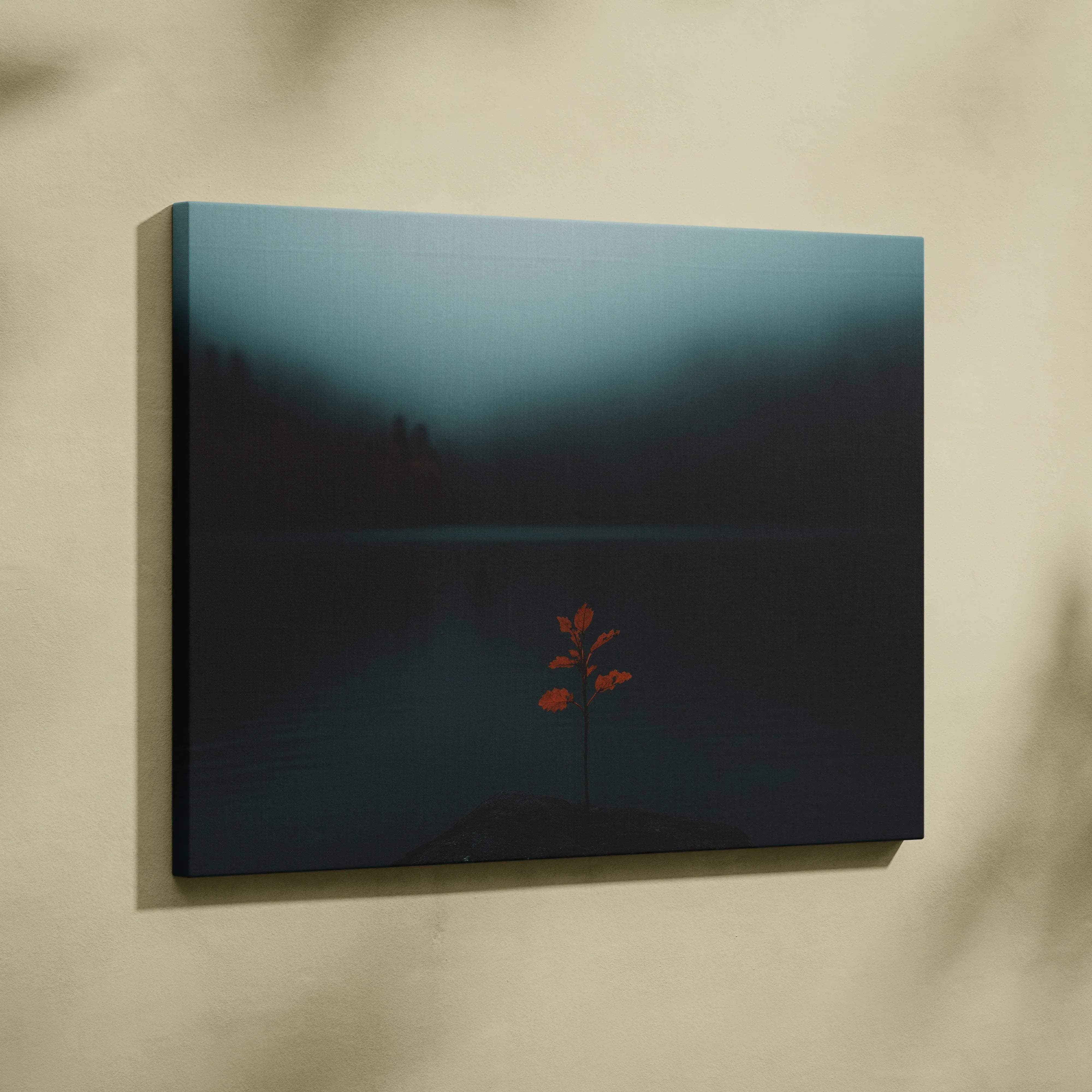 Minimalist canvas wall art featuring a solitary red plant against a deep teal and black gradient with a black frame