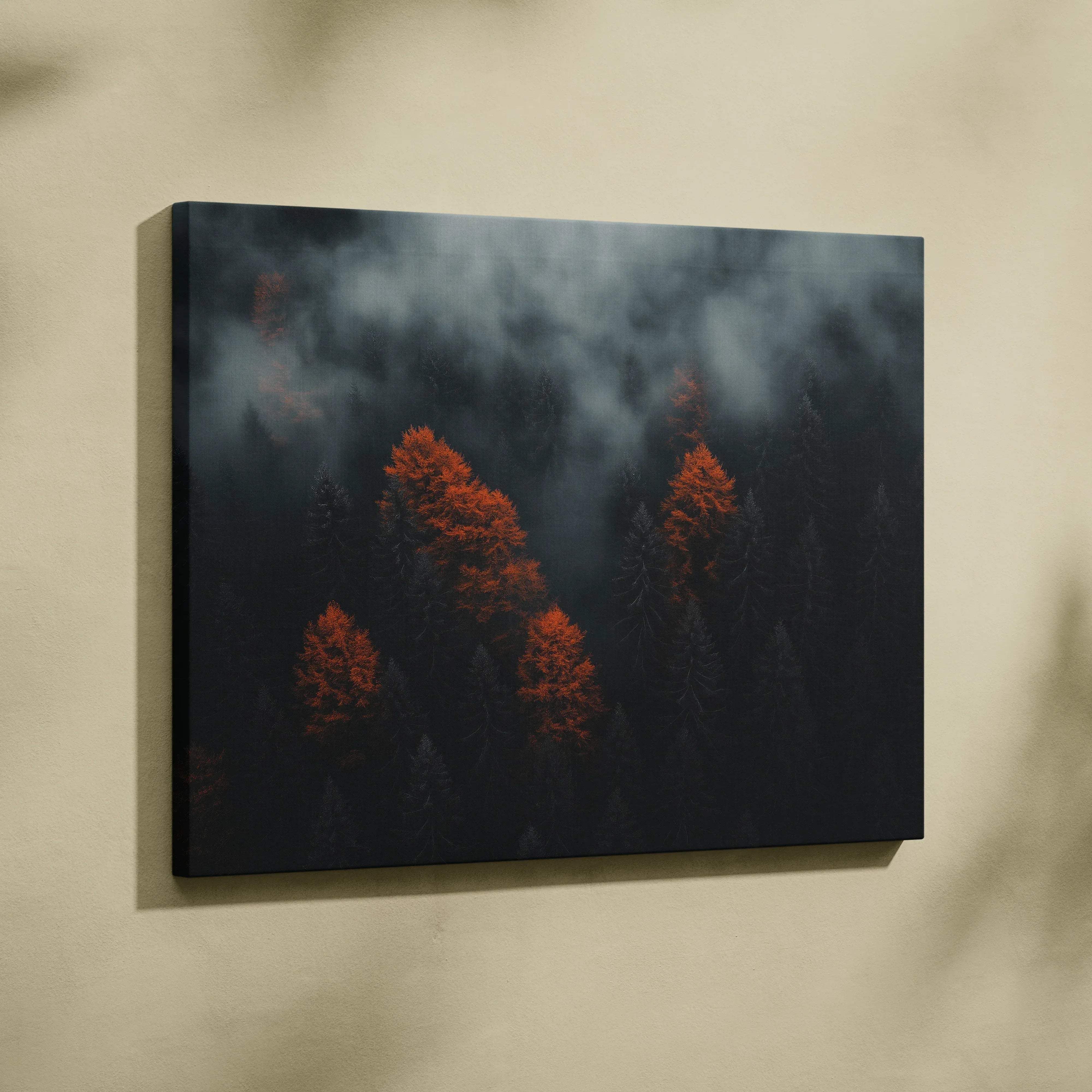Rectangular canvas wall art of a minimalist autumn forest with vibrant orange foliage in misty moody tones