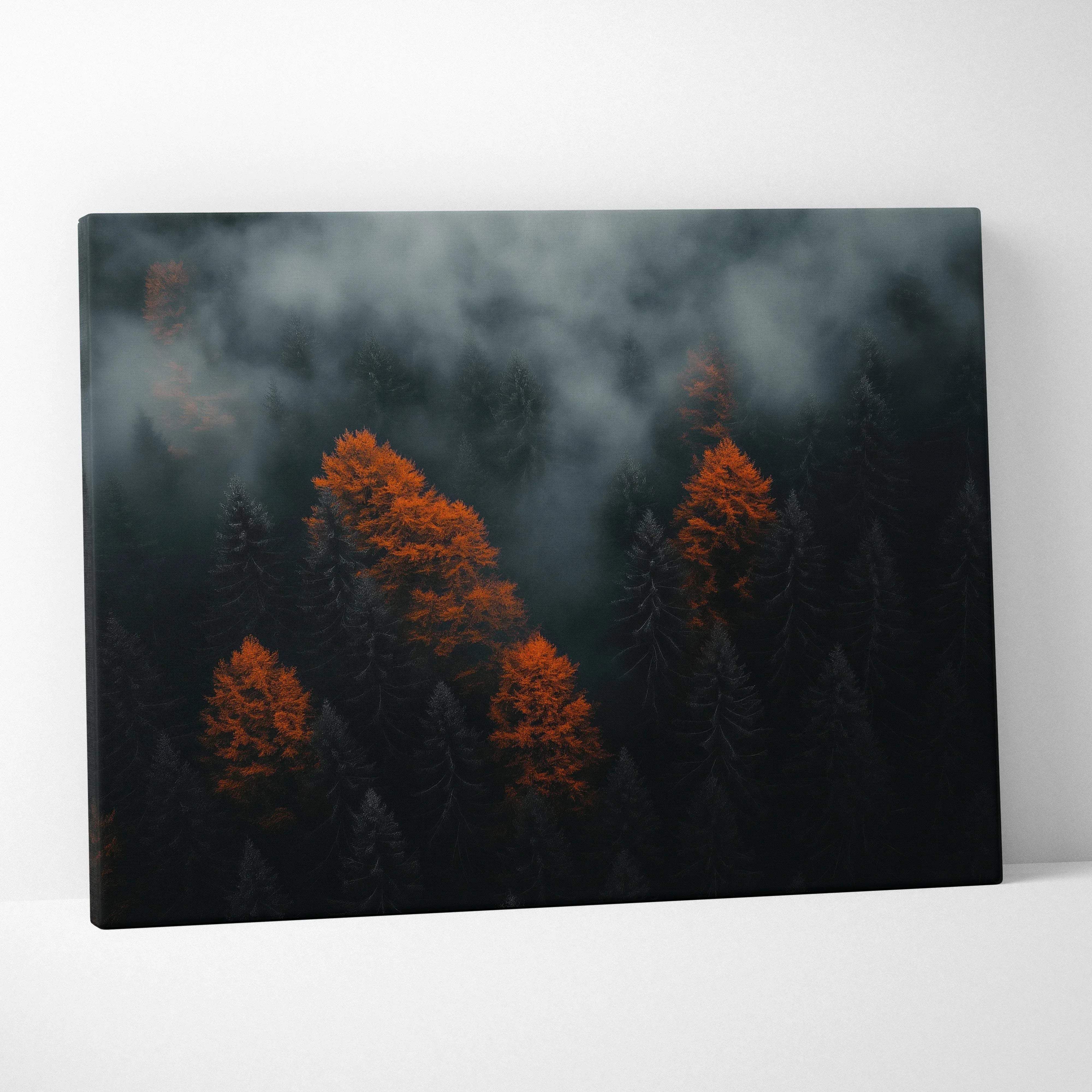 Rectangular canvas wall art featuring a minimalist autumn forest landscape with vibrant orange foliage and misty tones