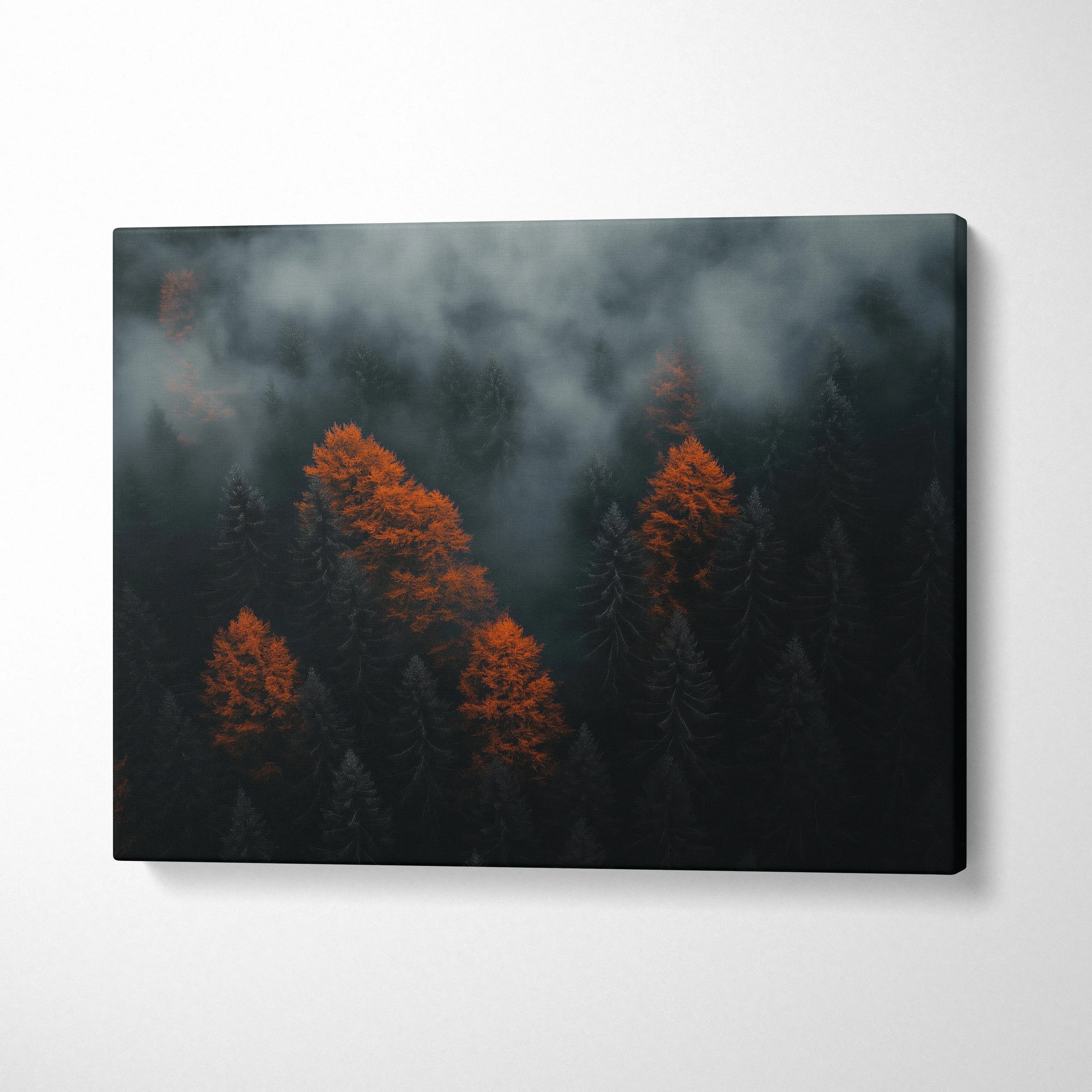 Minimalist autumn nature landscape canvas art with orange trees and misty forest wall art.