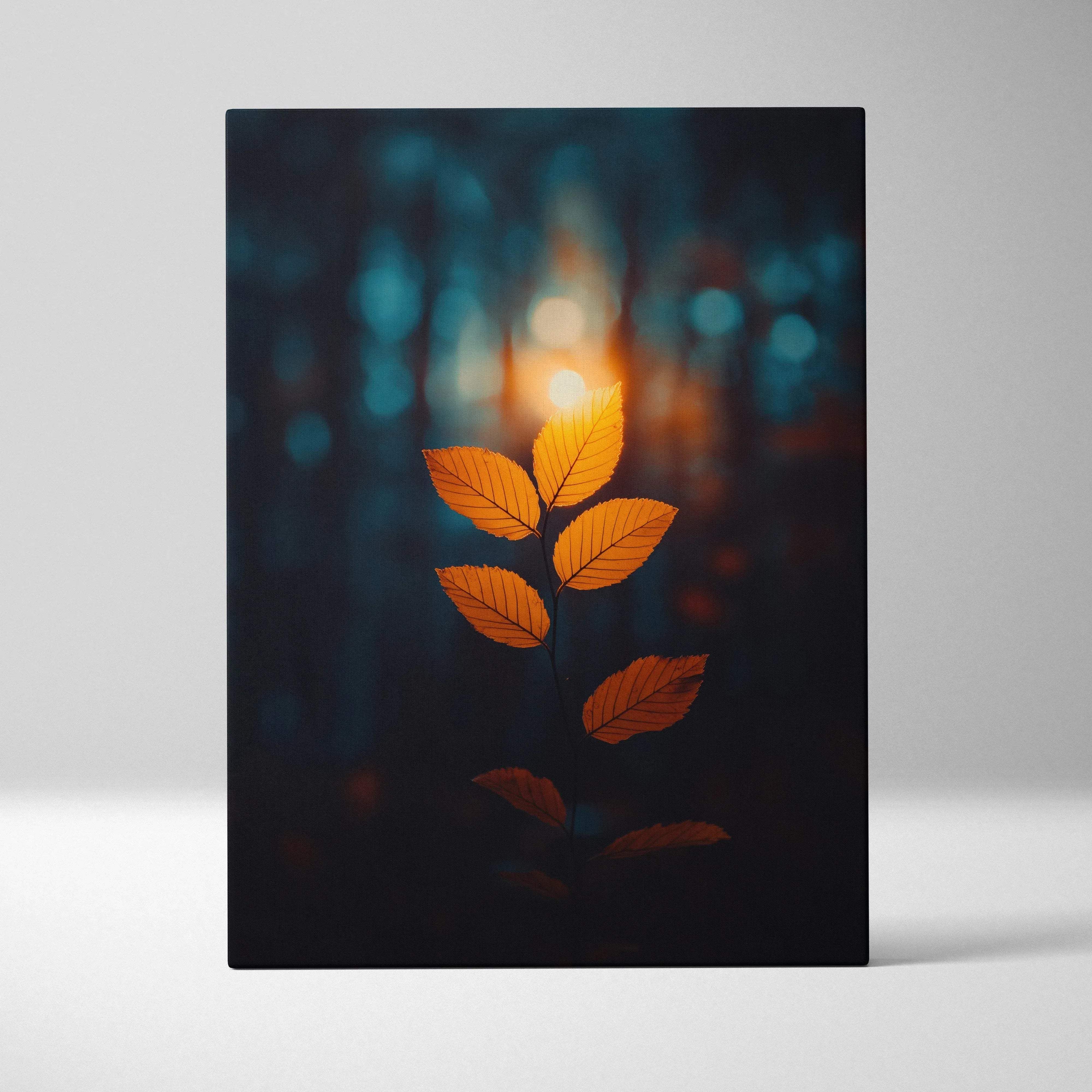Rectangular canvas print of a single stem with five golden-orange leaves illuminated by warm light in a dark forest