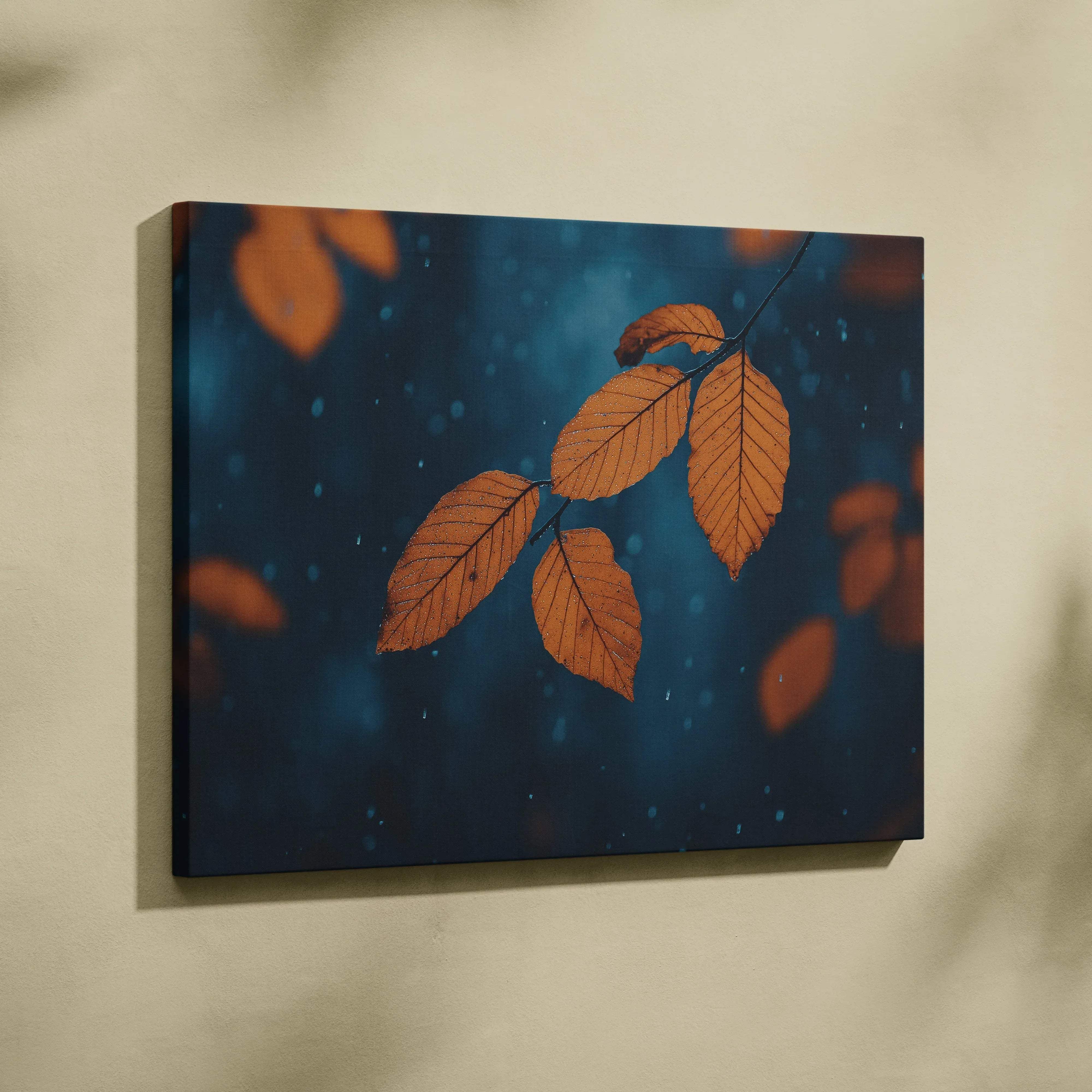 Rectangular canvas wall art featuring a branch with vibrant orange leaves on a deep blue bokeh background